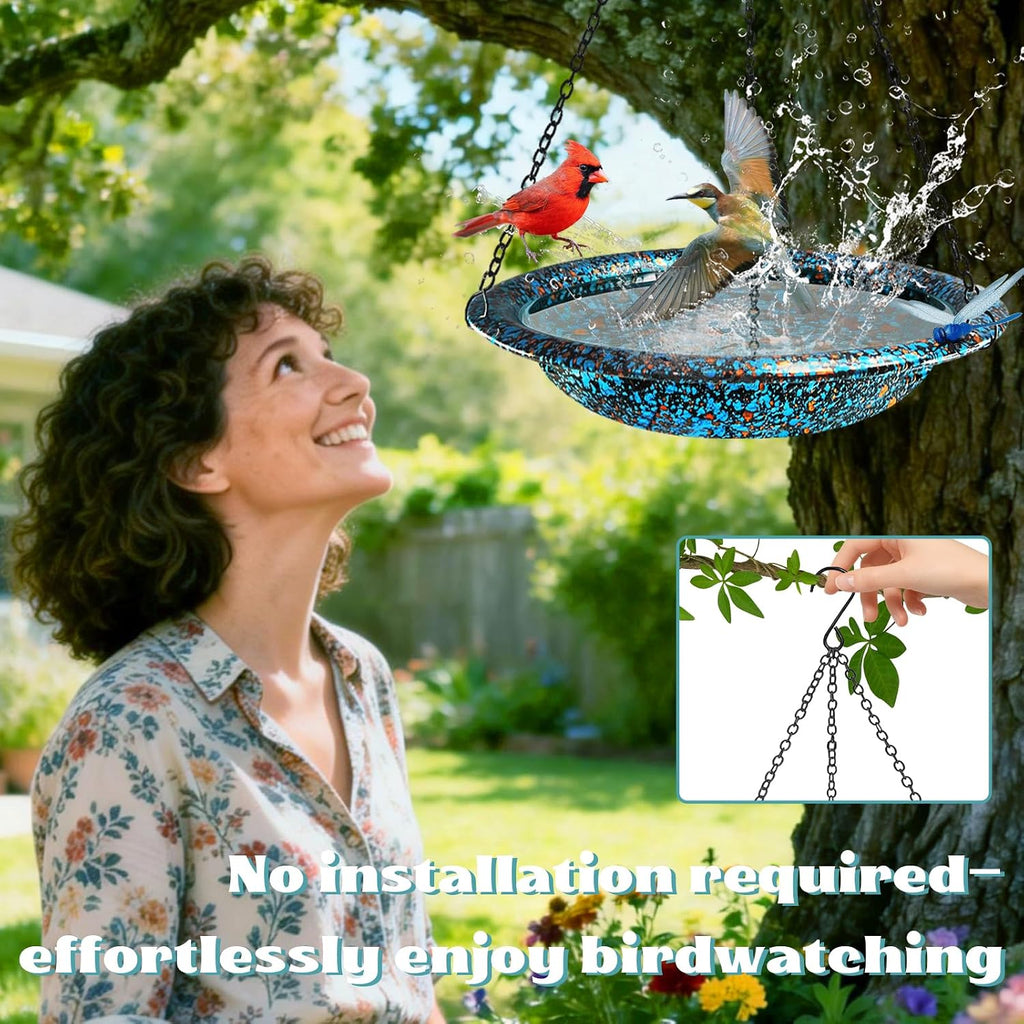 Hanging Bird Bath for Outside 11.4 inch Birdbath Bowl with Rust-Proof Black Chains Hooks Metal Hanging Window Bird