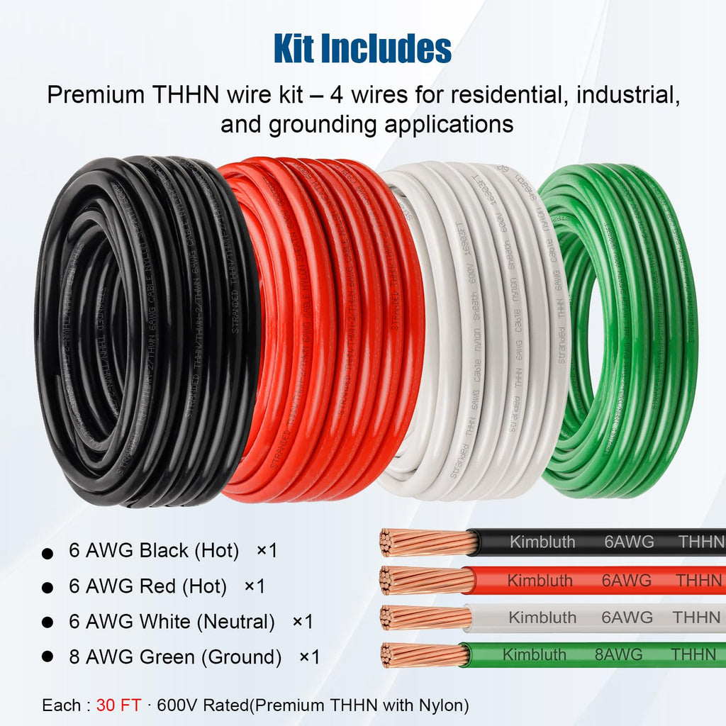 6 Gauge THHN Wire Kit with 8 AWG Green Ground, Stranded Copper Wire, 30 Ft