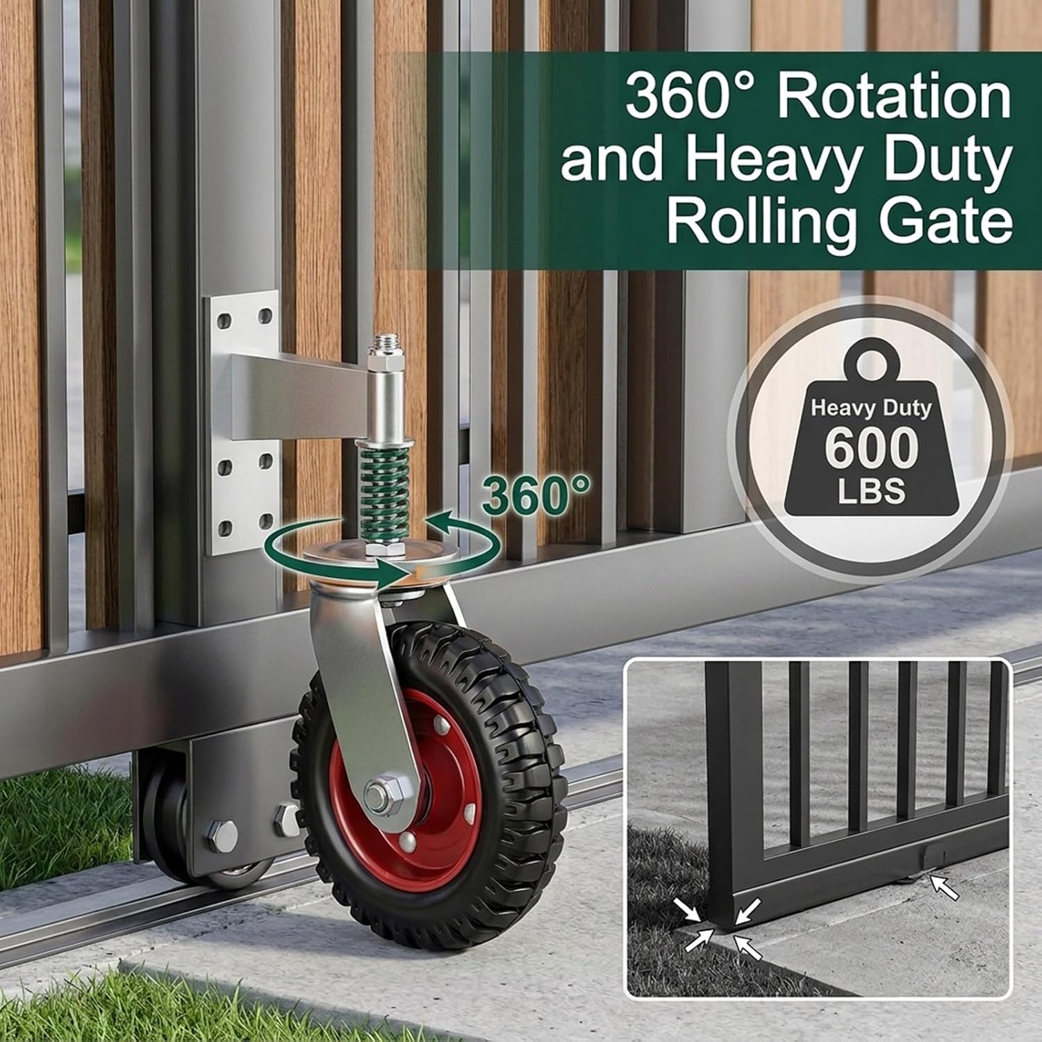 6 Inch Heavy Duty Gate Wheel, 360° Swivel Spring Loaded 600LB Capacity Gate