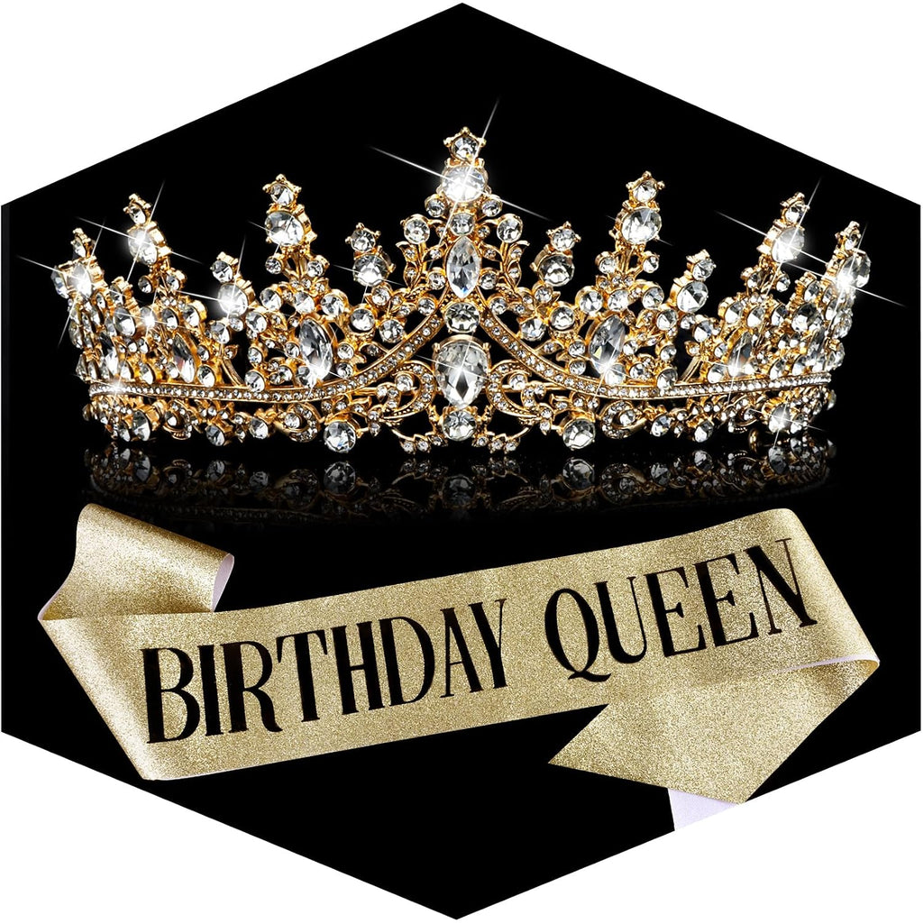 Birthday Queen Sash and Crown for Women - Gold Rhinestone Tiara and Sash Set for Birthday Decorations Outfits for Women