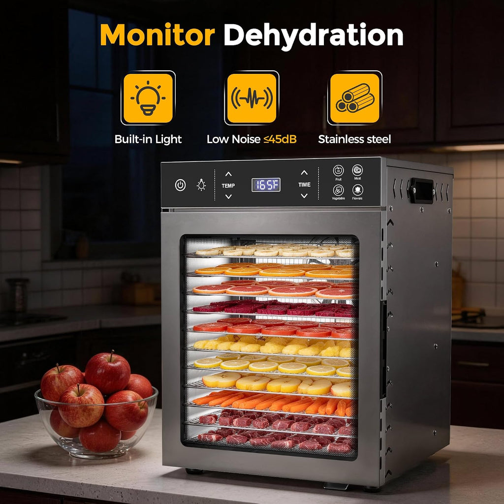 12-Tray Food Dehydrator, Stainless Steel, 4 Presets for Jerky&Fruit