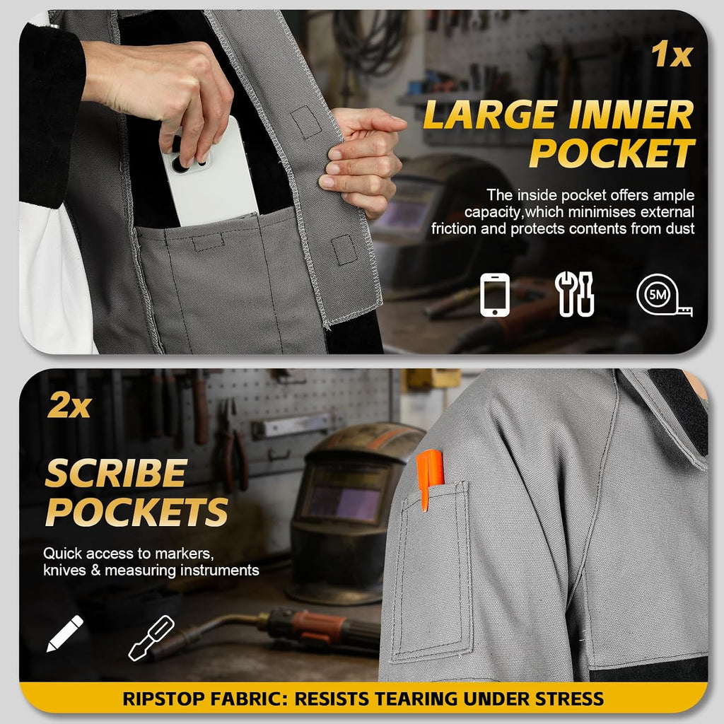 Welding Jacket Leather Sleeves Flame Resistant Hybrid Welder Jacket | Cotton & Leather Welder Coat