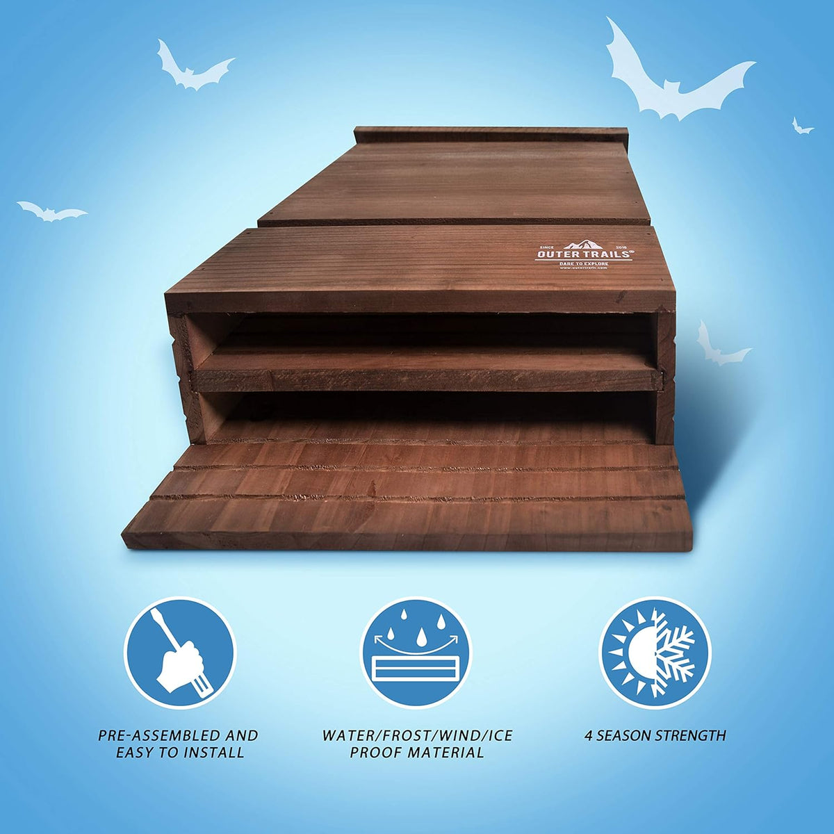 Bat House for Outdoors, Japanese Cedar, 2 Chamber, Brown
