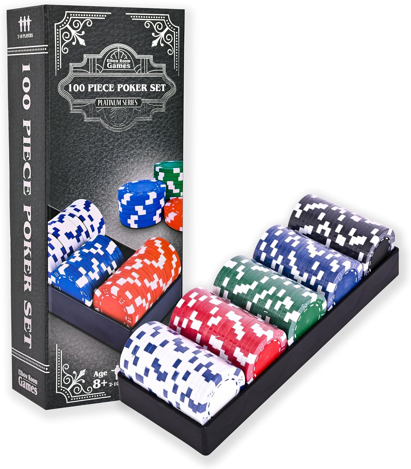 Games 100-Piece Poker Chip Set with Tray, 11.5g Casino Chips | 5 Colors, Authentic Casino Style Chips, Great for