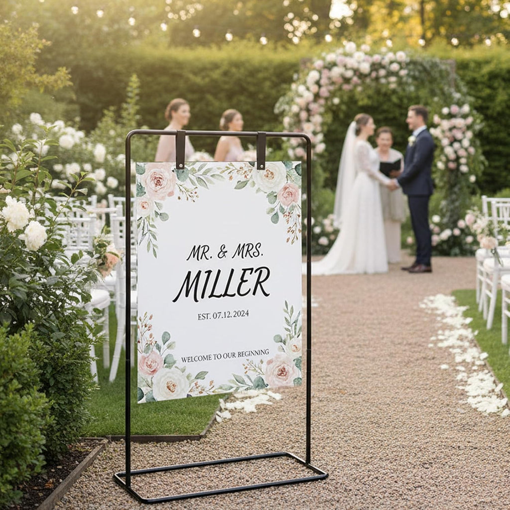 Wedding Welcome Sign Stand, Black Easel | Leather Sign Hanging Straps, Linen Sign Stand