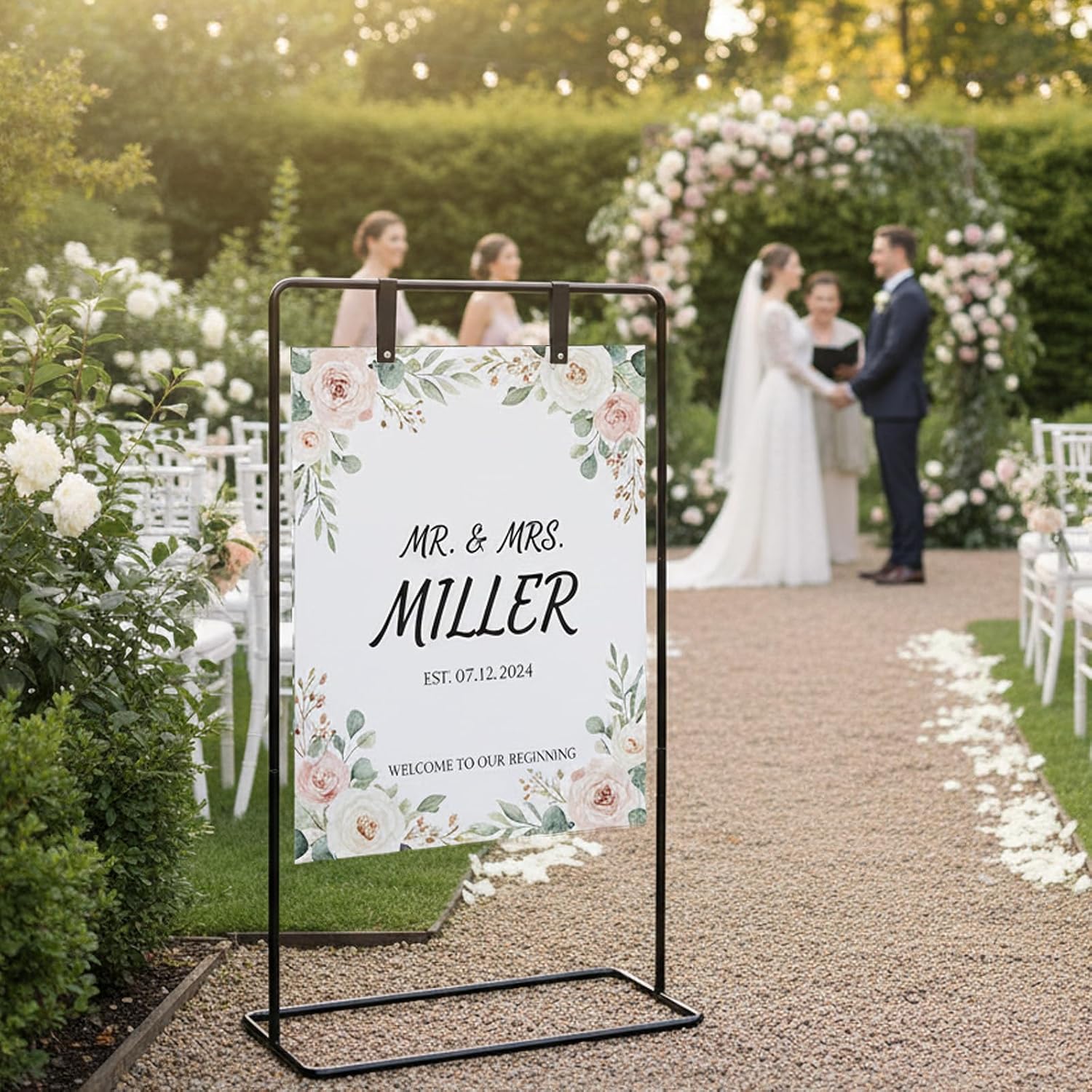 Wedding Welcome Sign Stand, Black Easel | Leather Sign Hanging Straps, Linen Sign Stand