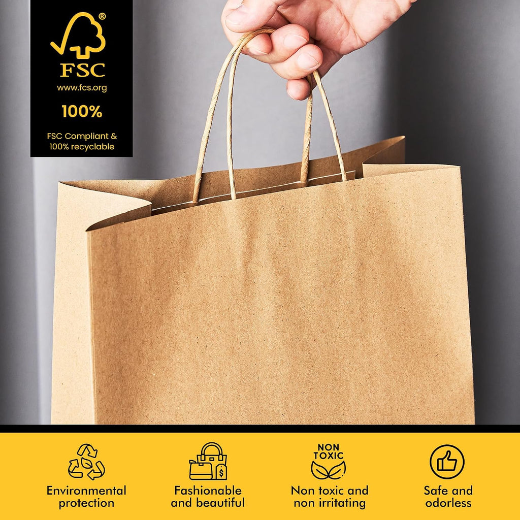 Large Brown Gift Paper Bags 50 Pack 10x5x13 in with Handles