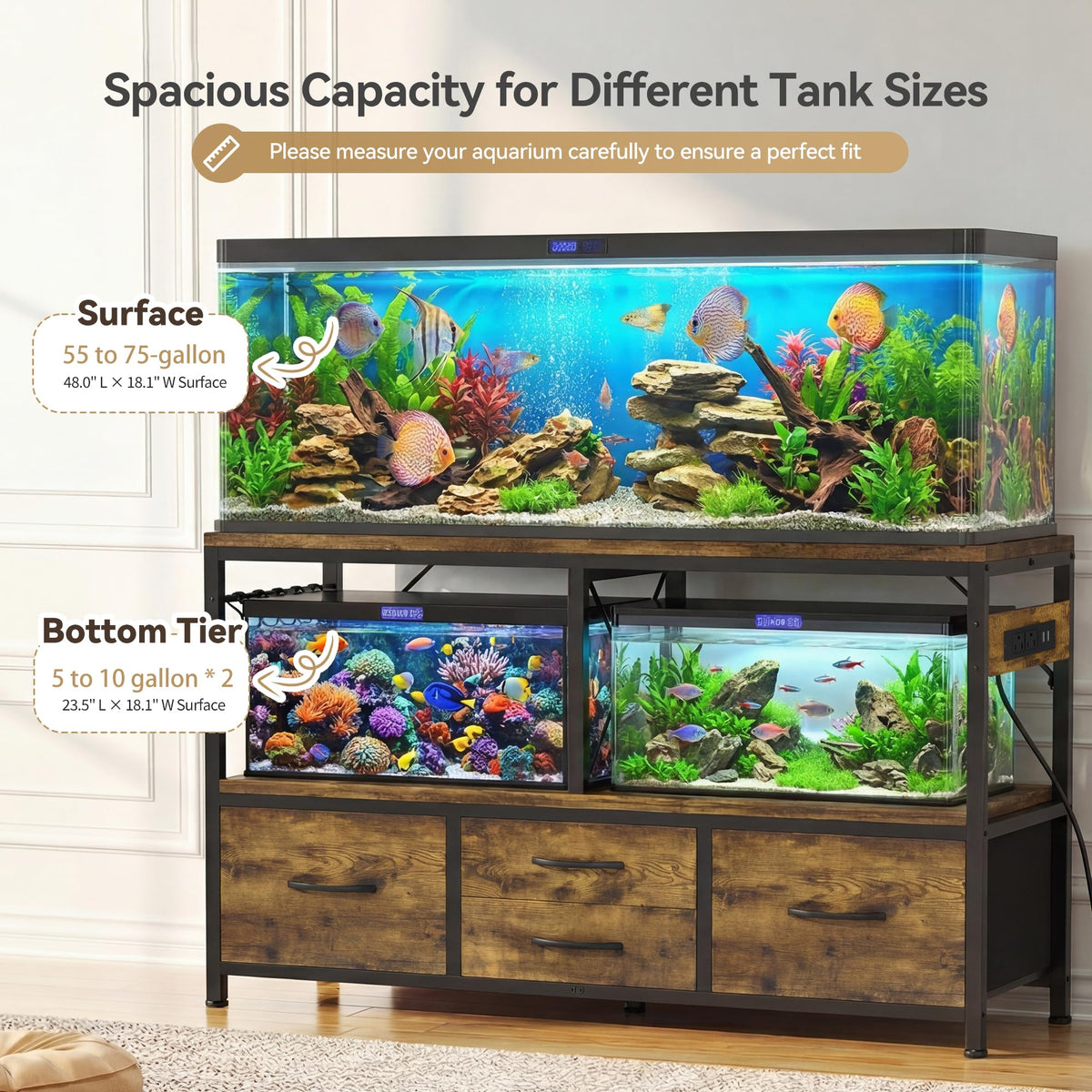 55-75 Gal Fish Tank Stand with Drawer, Power Outlet, Rustic HAS005SR