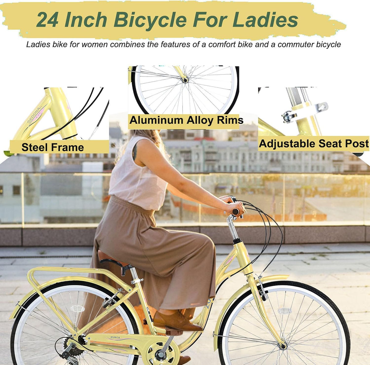 24 Inch Womens Beach Cruiser Bike 7 Speed，Womens Bicycle，Hybrid Bike Women，Womens Commuter Bicycle，High-Carbon Steel