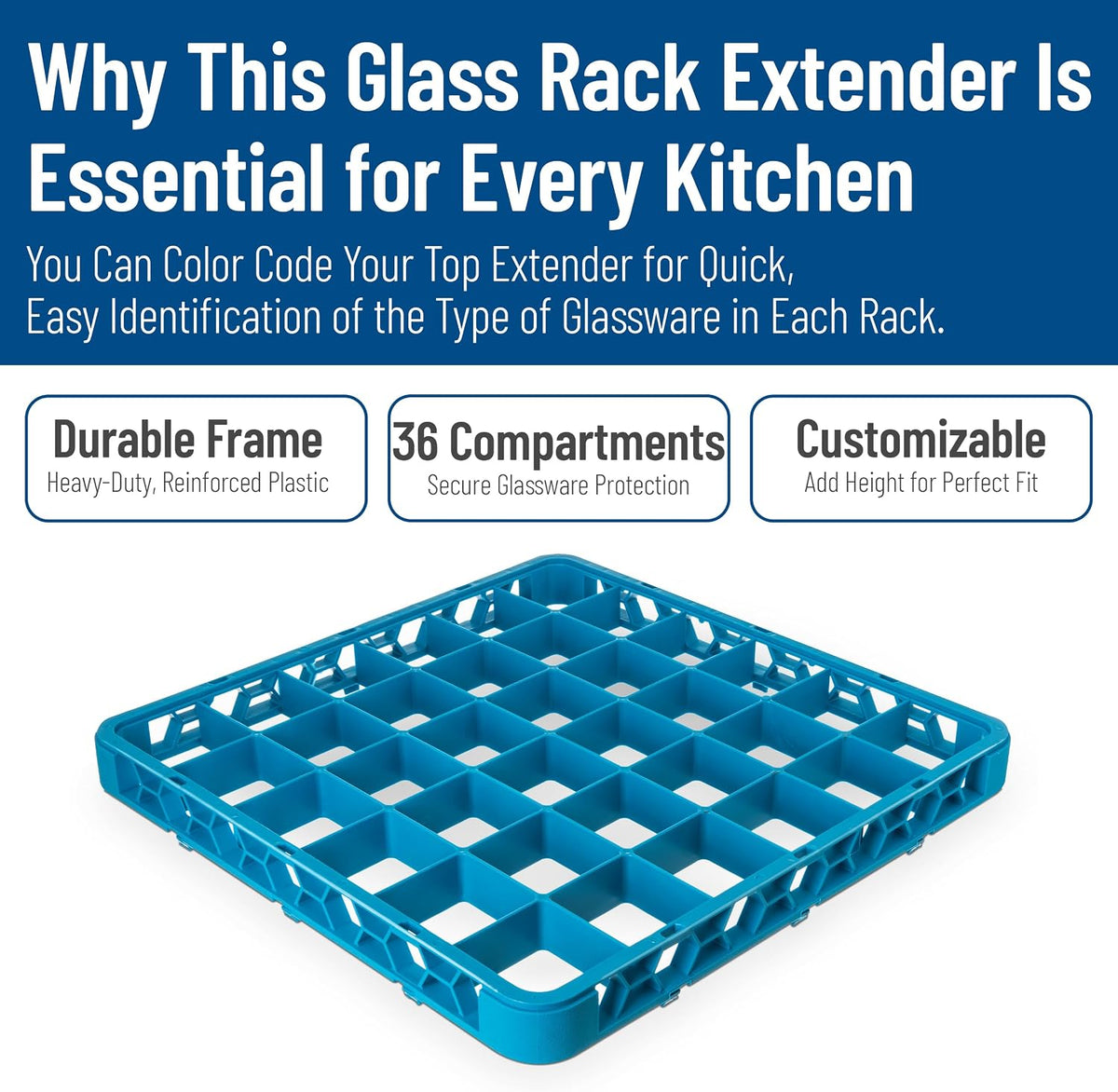 OptiClean 36-Compartment Divided Glass Rack Extender for Commercial Dishwashers – Rack Height Extender for Stemware