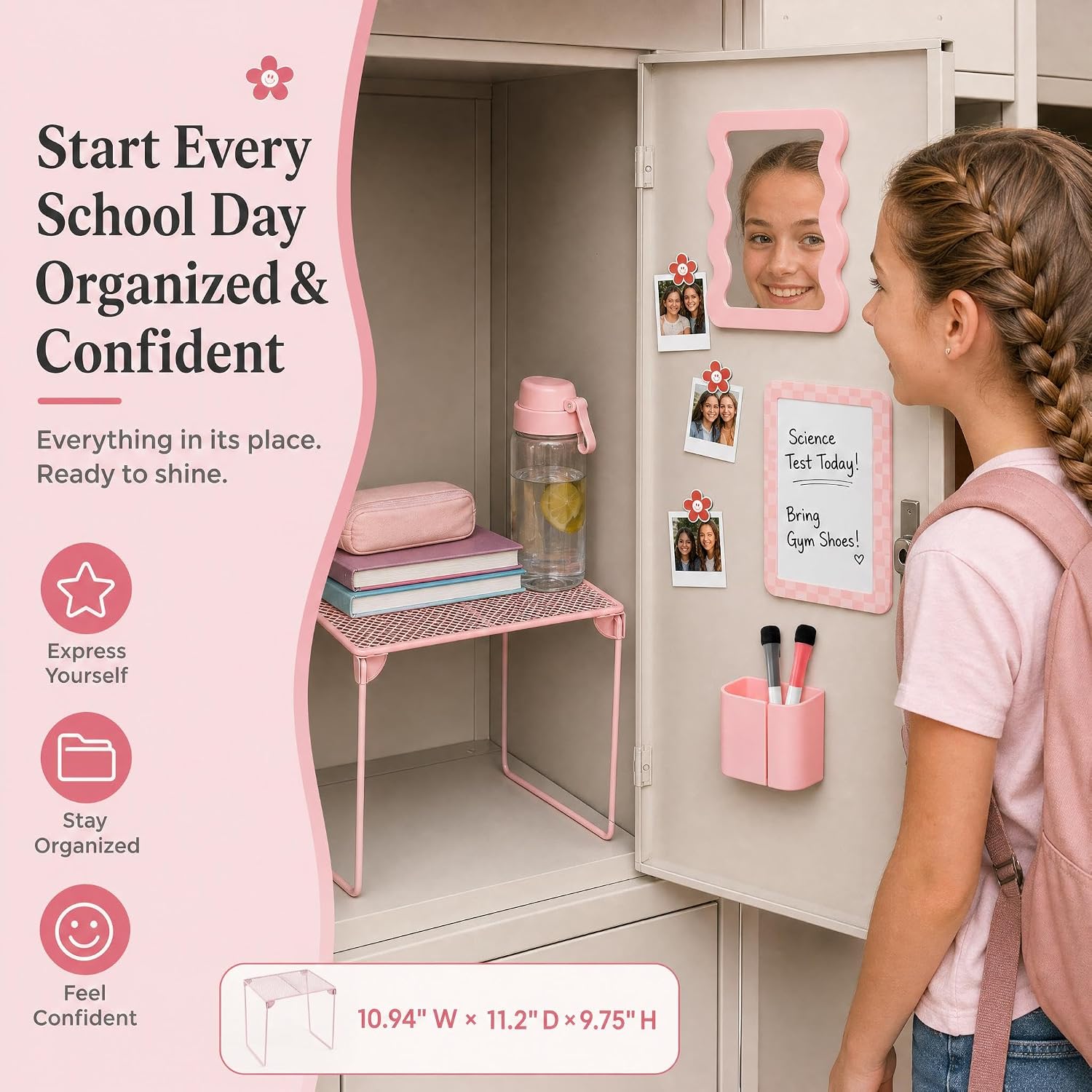 Stylish Locker Accessories Kit - Includes Shelf, Mirror, Whiteboard, Pen Holder, Cute Flower Magnets & Marker Set