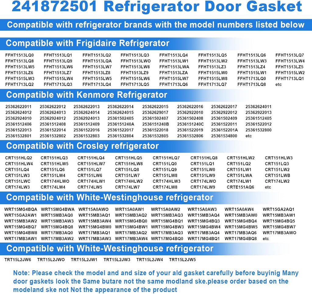 Upgraded 241872501 Refrigerator Freezer Door Gasket | Compatible with Frigidaire Crosley and Kenmore, Refrigerator