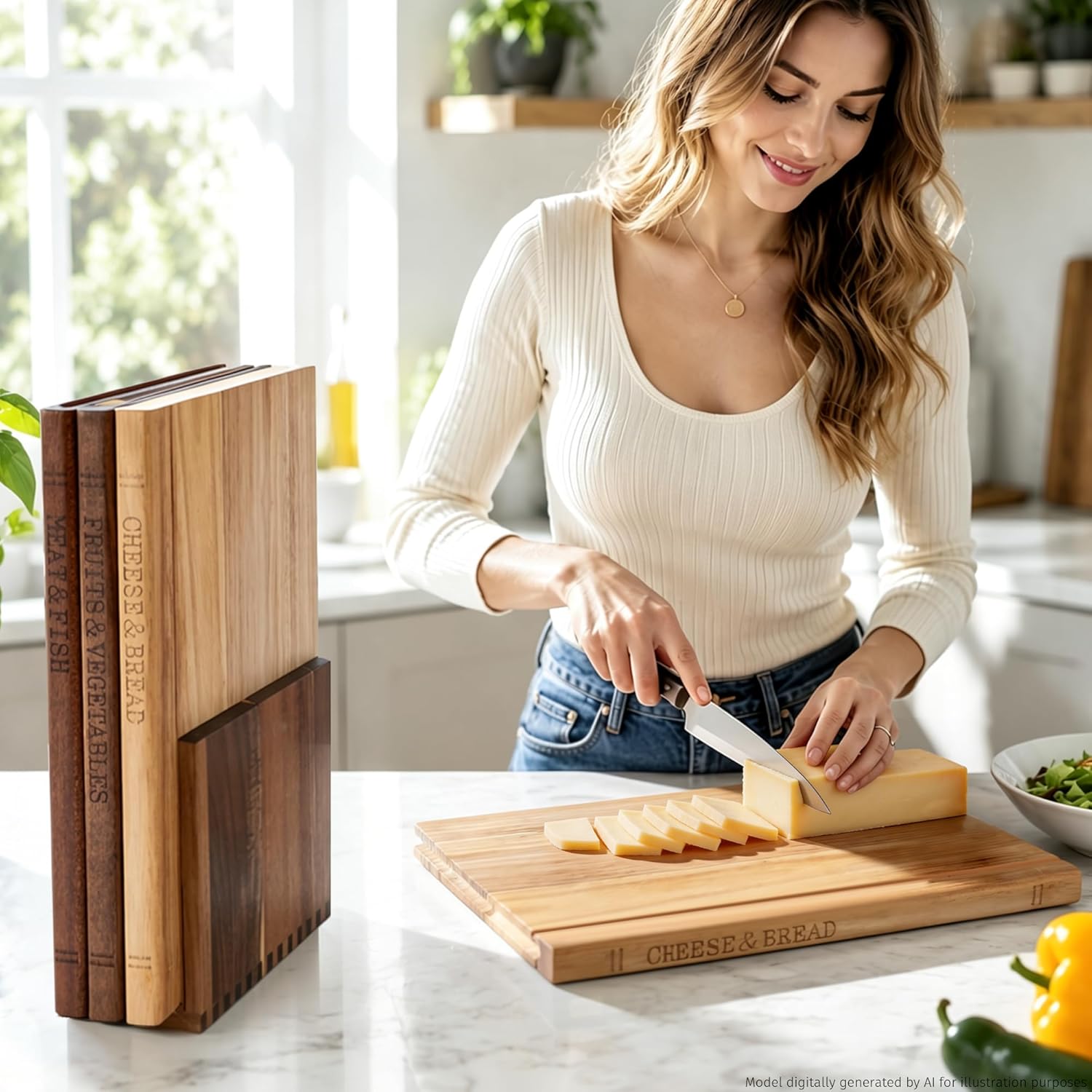 Book Cutting Board Set with Wooden Stand-Wooden Kitchen Cutting Boards That Look Like Books for Vegetables Cheese