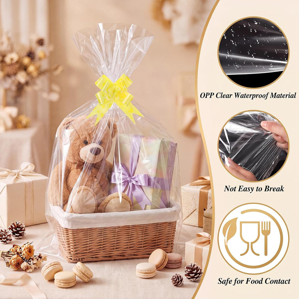 3 Size Clear Cellophane Gift Bags 40x50 24x30 16x24in with Pull Bows