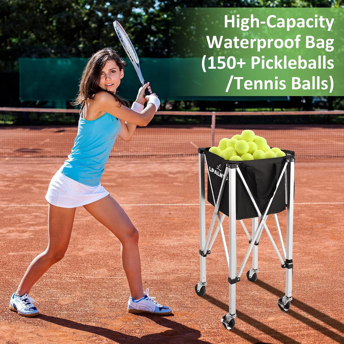 Pickleball Tennis Ball Hopper-Foldable Lightweight Tennis Cart Holds 180 Tennis/160 Pickleballs with Removable