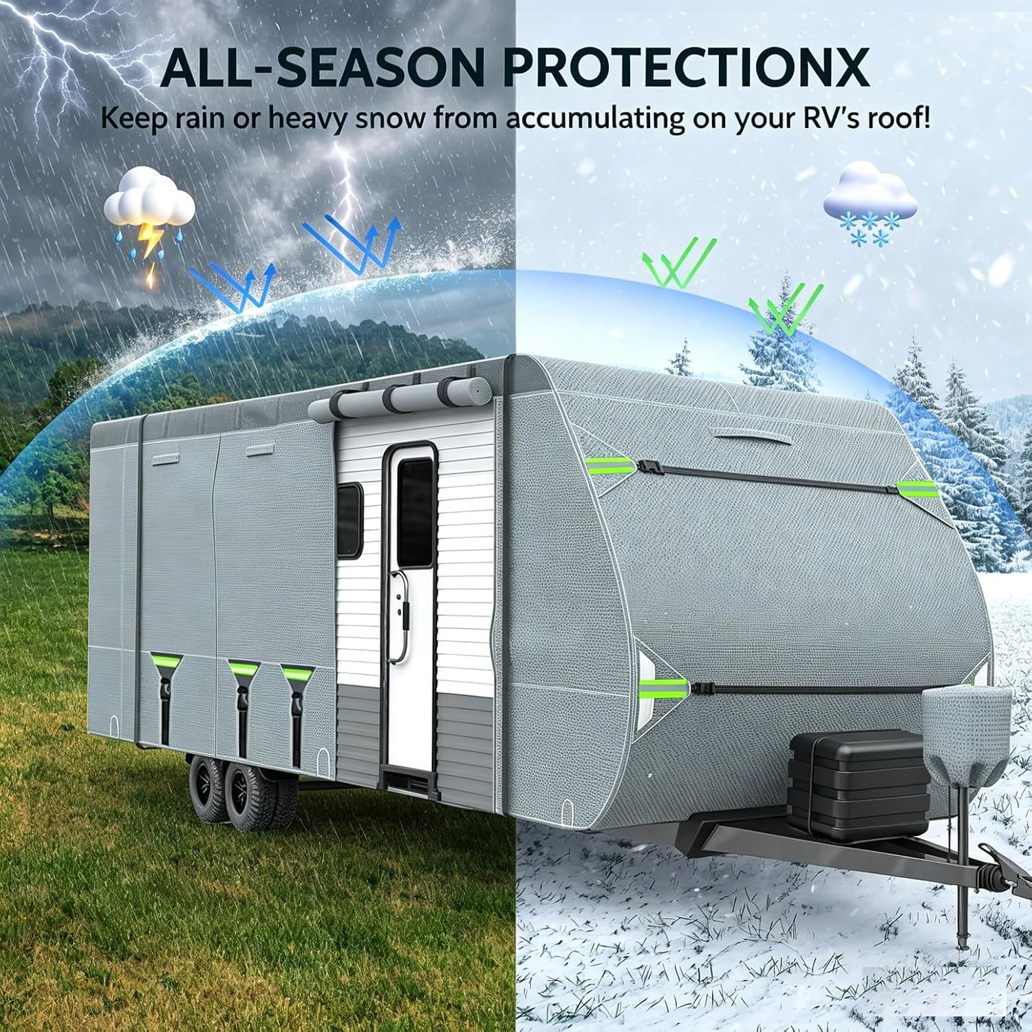 24-27FT RV Cover Upgraded 8 Layers Top Windproof Travel Trailer Camper Cover r for 24' to 27' RV, with Tire