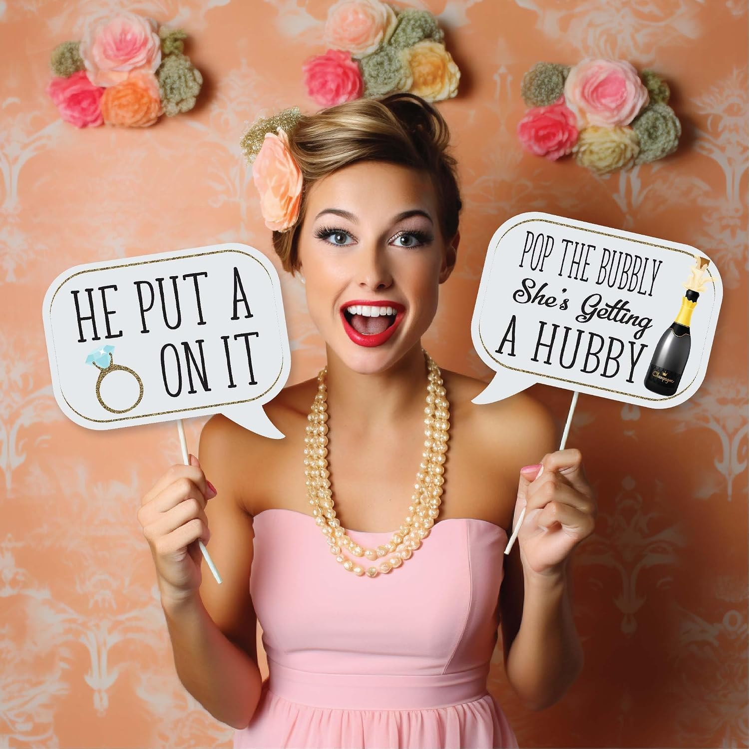 Bridal Shower Photo Booth Props - 41-pc Photo Booth Kit with 8 x 10-Inch Sign, 60 Adhesive Pads, 45 Sticks - Team