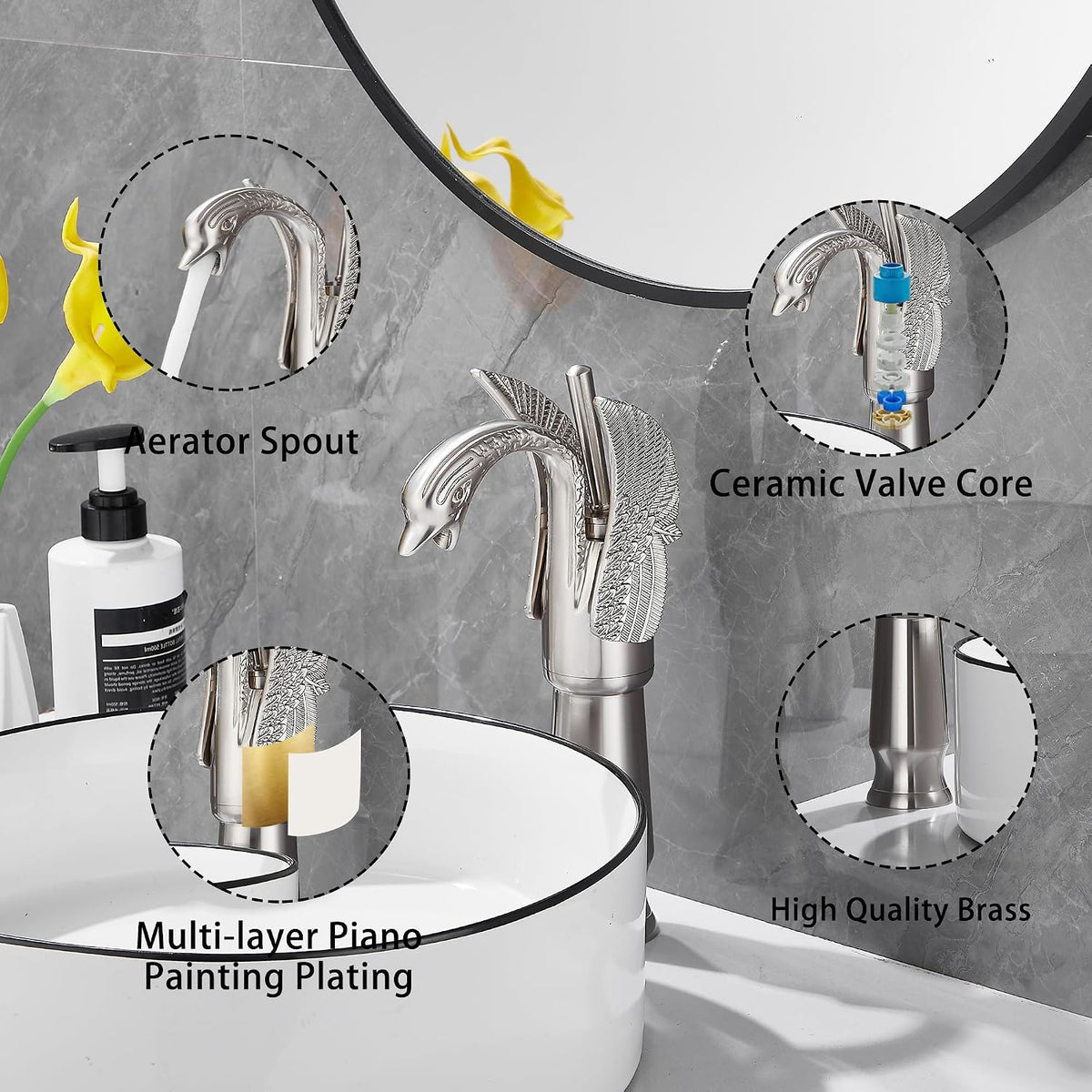 Brushed Nickel Swan Shape Single Handle 1Hole Bathroom Vessel Sink Faucet Deck Mount Lavatory Sink Faucet