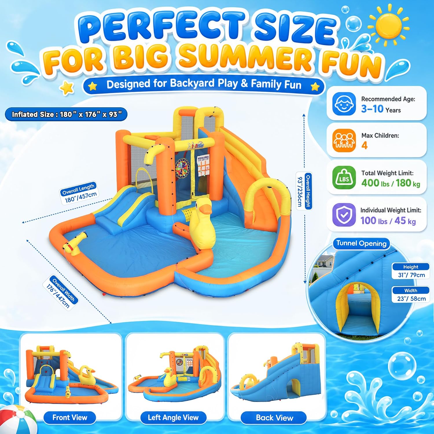 Inflatable Water Park for Kids 3-10yr, Water Slide Bounce House W/Blower | Large Water Bounce House with 2 Slide, 2