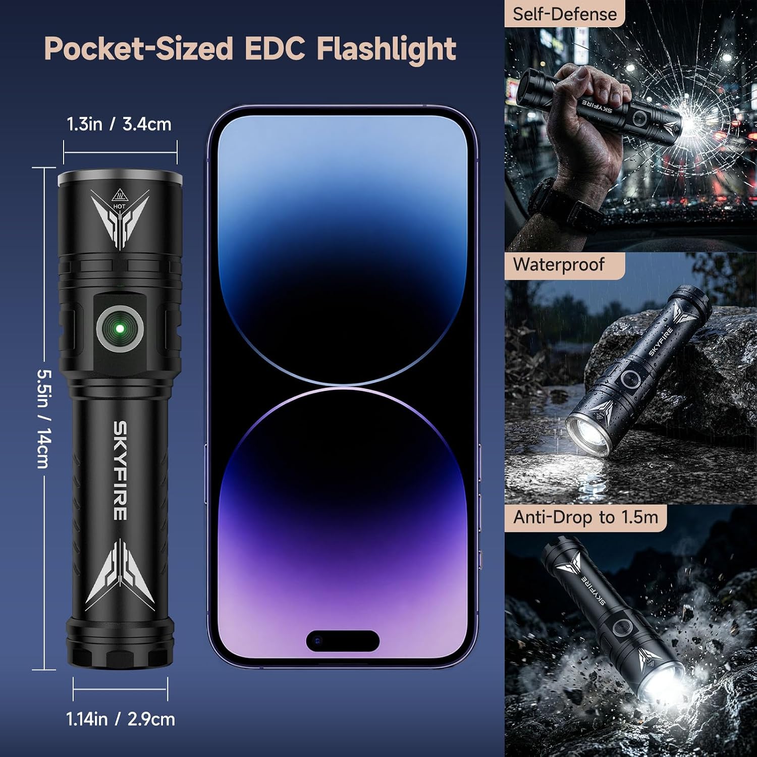 Rechargeable Flashlight with Ignition Lens &Magnetic Base,EDC Tactical Flashlights High Lumens 4000,LED Pocket Flash