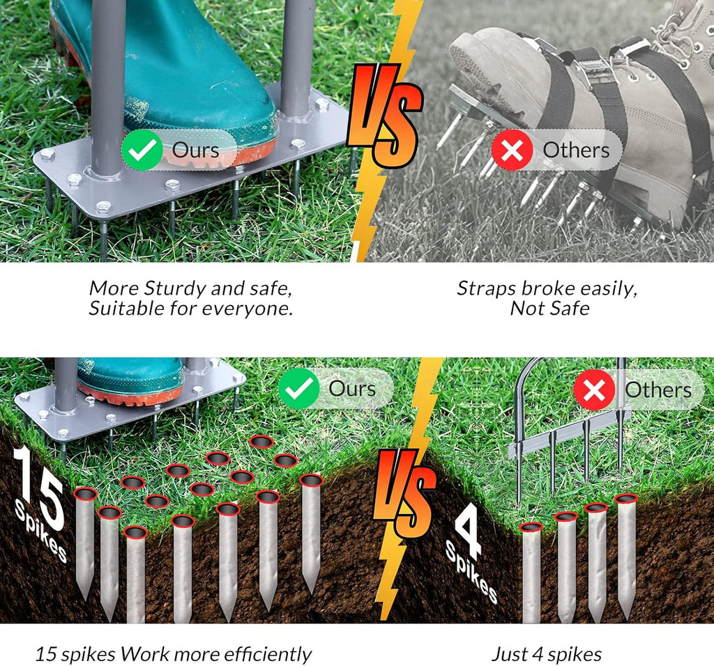 Manual Lawn Aerator Tool with 15 Iron Spikes, Garden Spike Aerator | Alternative to aerator shoes, patented grass