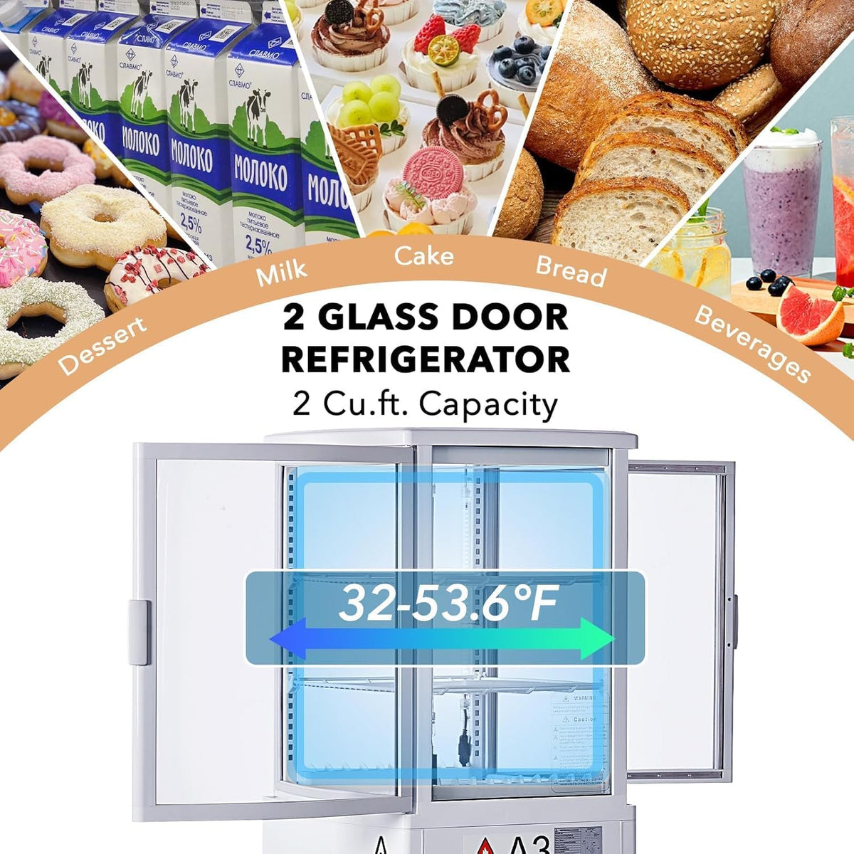 Commercial Display Refrigerator, 2.1 cu. ft. Countertop Refrigerator, Double Glass Door, Display Refrigerator with
