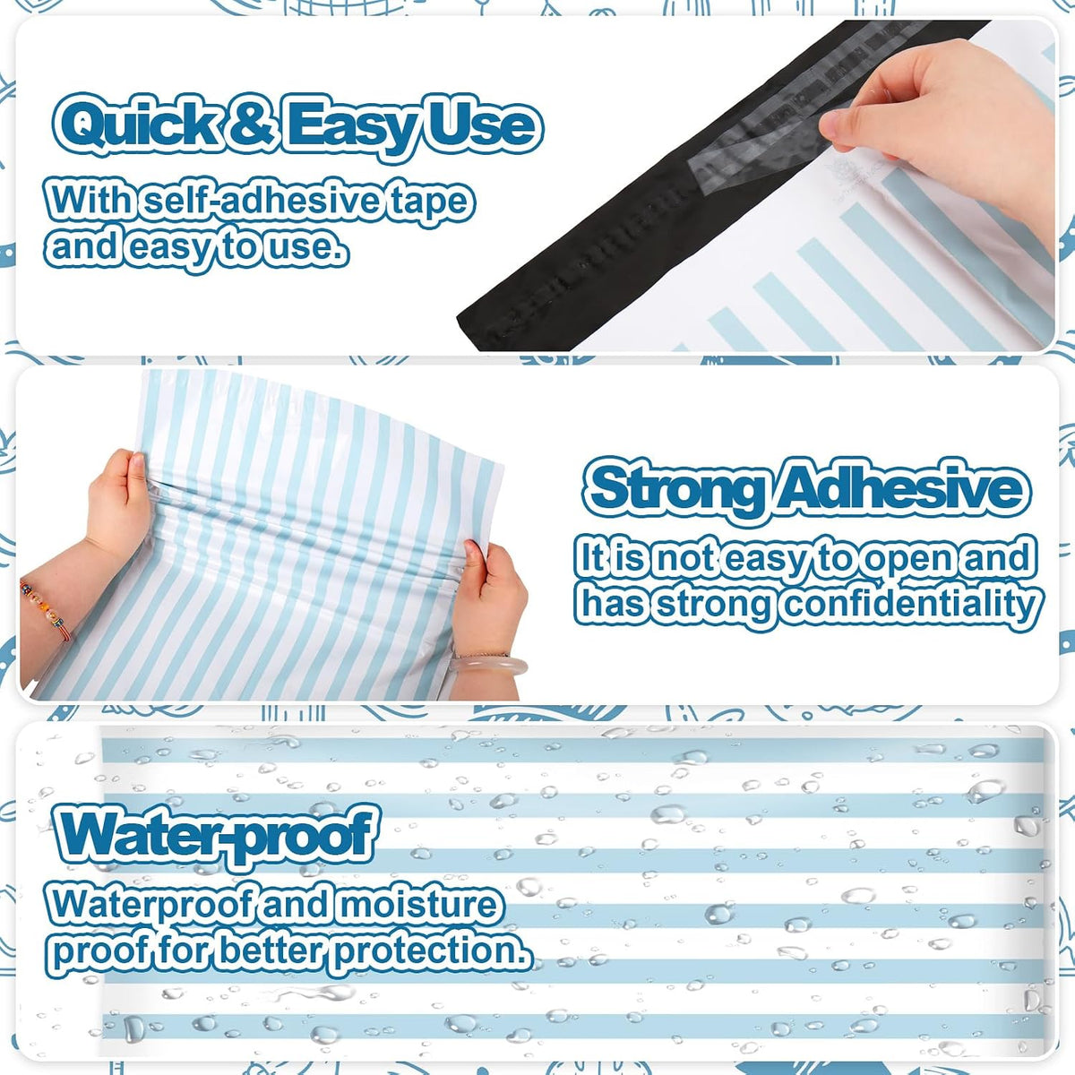 100 Pcs Striped Poly Mailers Packaging Bags Blue White Stripe Self Sealing Plastic Mailing Envelopes Bulk for Small