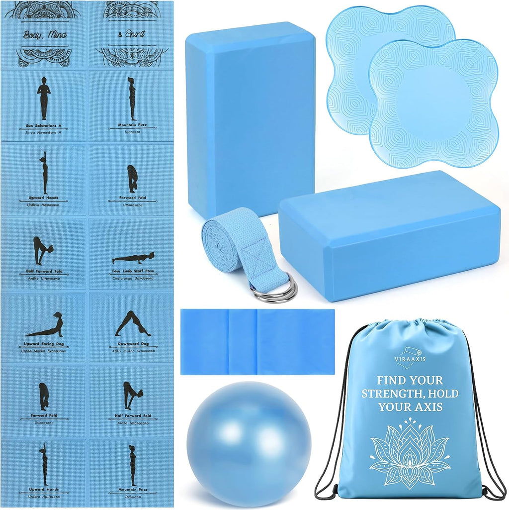 Foldable Yoga Mat and Blocks Set for Women with 2 Pack Yoga Blocks and Strap,Thin Non Slip Pilates Mat with Bag, Home