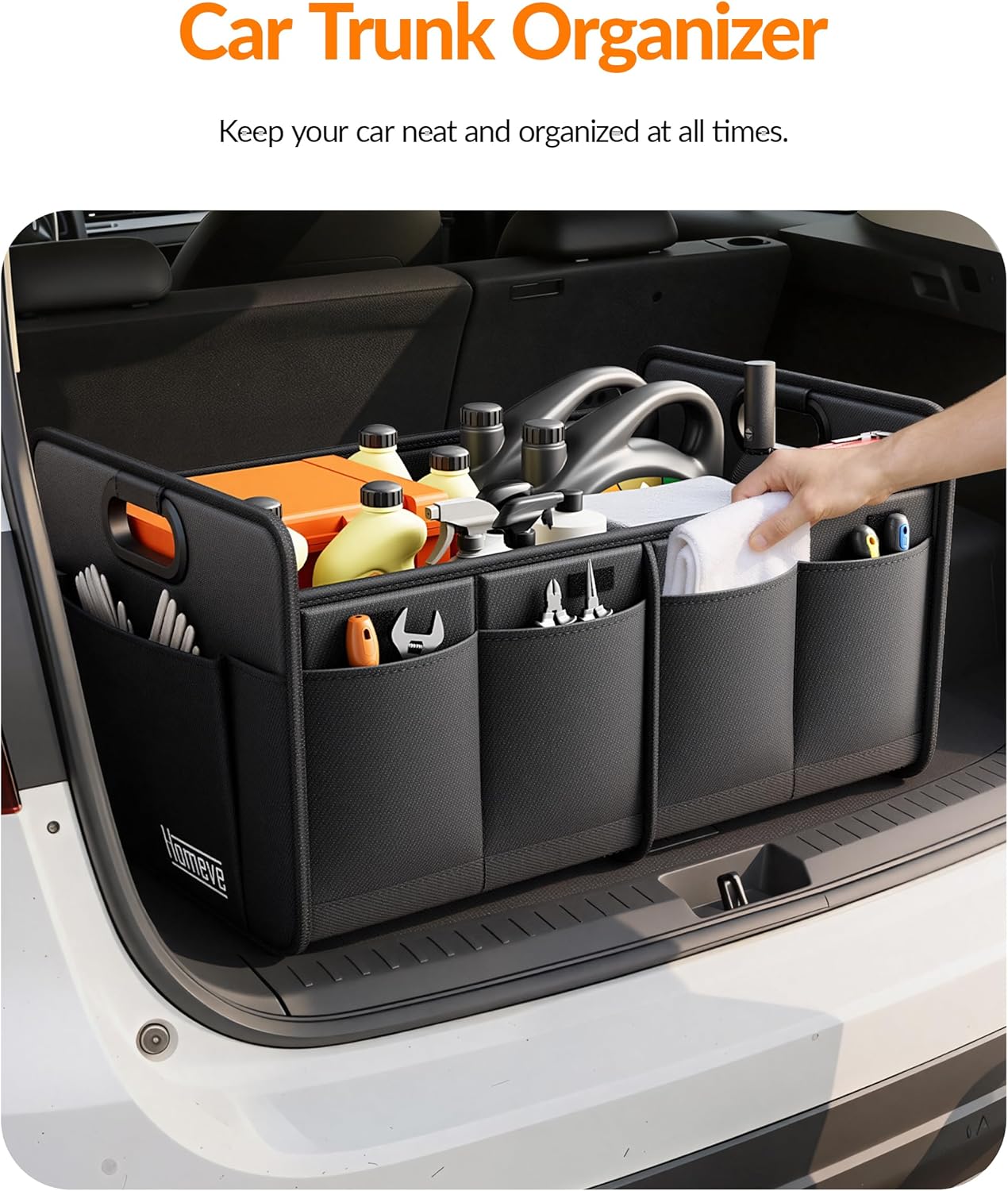 Car Trunk Organizer for SUV, 18.5Gal Large Capacity No-Sag Heavy Duty, Foldable Waterproof Anti-Slip Storage with 12