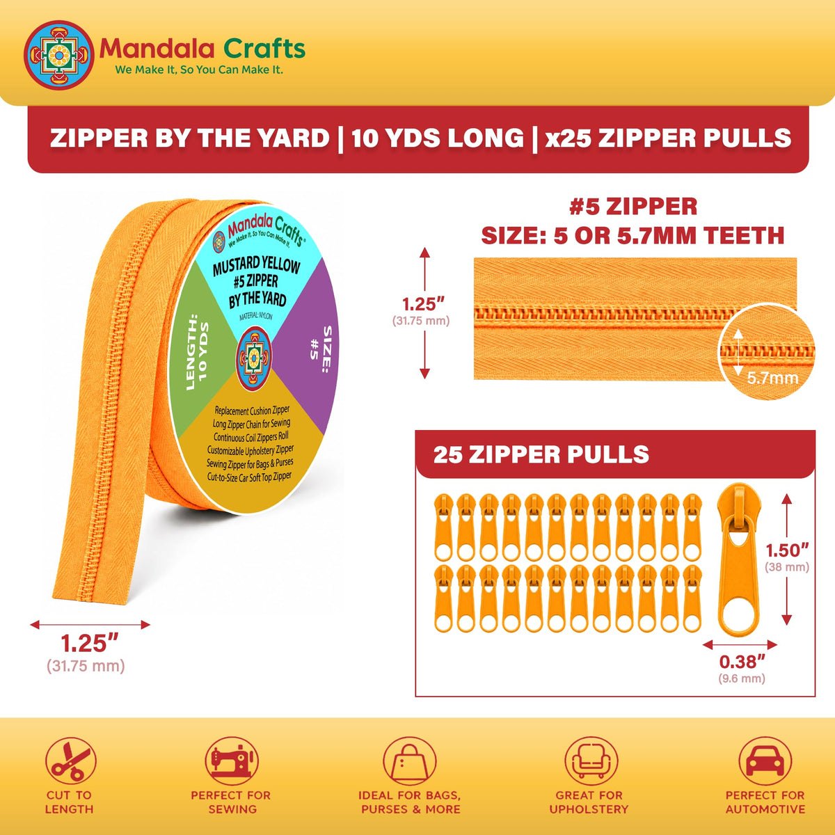 #5 Mustard Yellow Nylon Zippers by the Yard with 25 Pulls