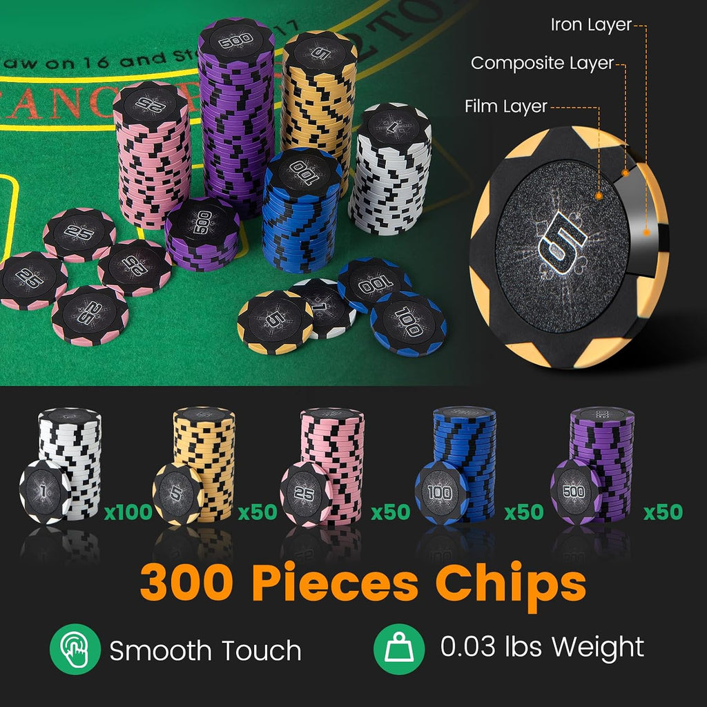 Poker Chip Set, 300 PCS 14 Gram Clay Poker Chips w/Case, Automatic Card Shuffler, 2 Decks Cards, 5 Dices, Card Shoe