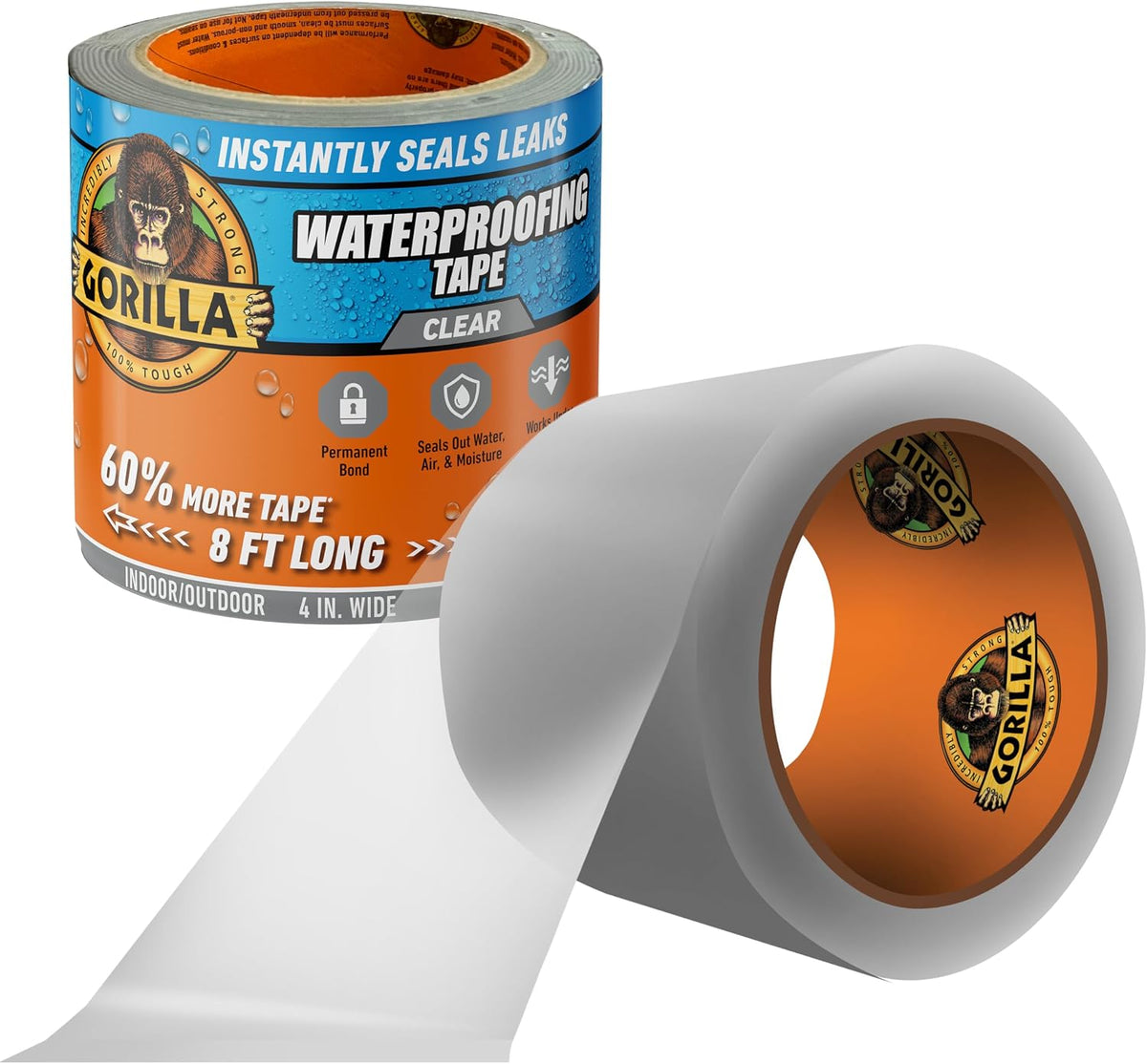 GORILLA Waterproofing Tape, Permanent, Clear, 4" x 8', 1-Pack