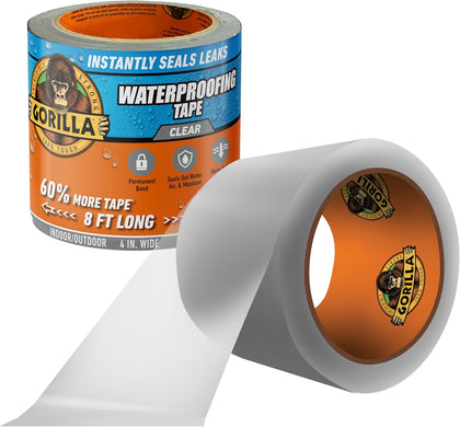 GORILLA Waterproofing Tape, Permanent, Clear, 4" x 8', 1-Pack