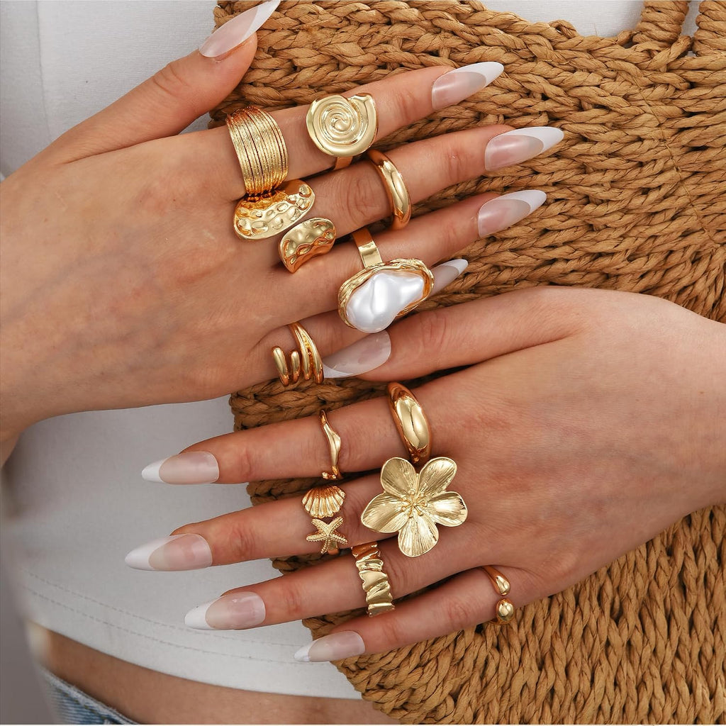 12 PCS Chunky Gold Rings for Women Non Tarnish Statement Flower Ring, 14K Gold Plated Stackable Open Stacking Rings