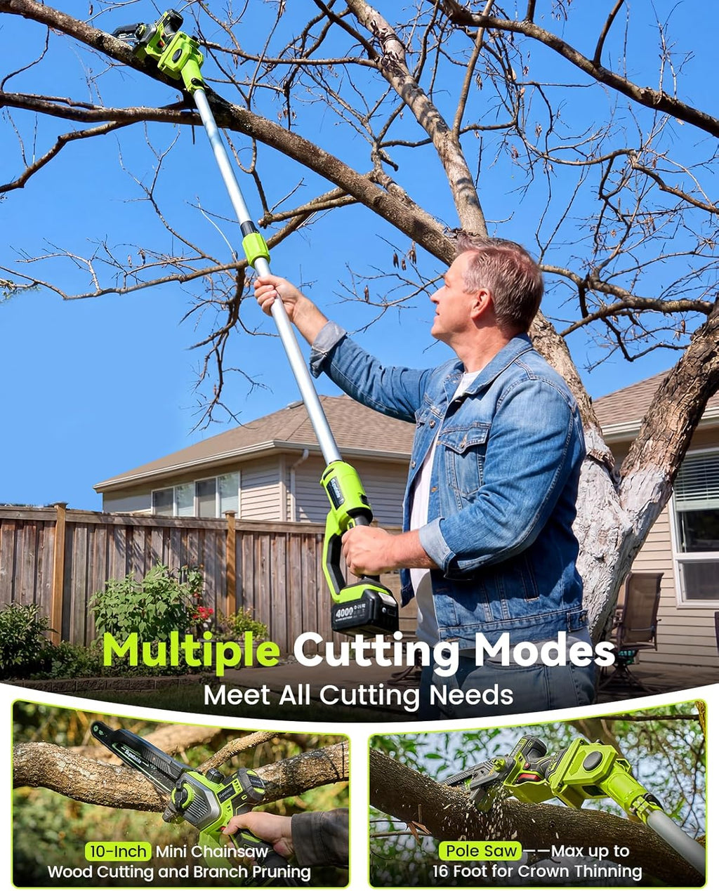 10 Inch Electric Pole Saws for Tree Trimming, 1000W Brushless Pole Saw and Mini Chainsaw 2 in 1, 2*4000mAh Battery