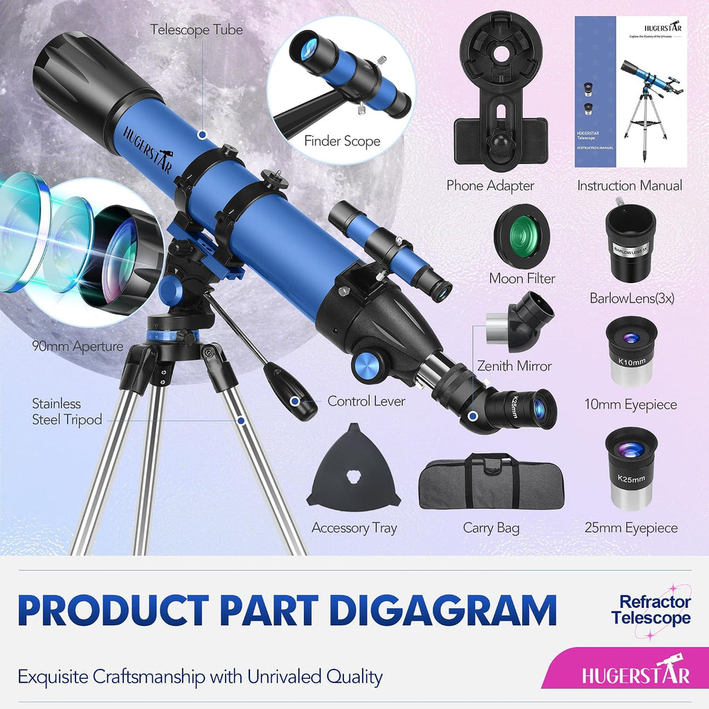 Telescope for Adults High Powered, 90mm Aperture 800mm Refractor | Professional Telescopes