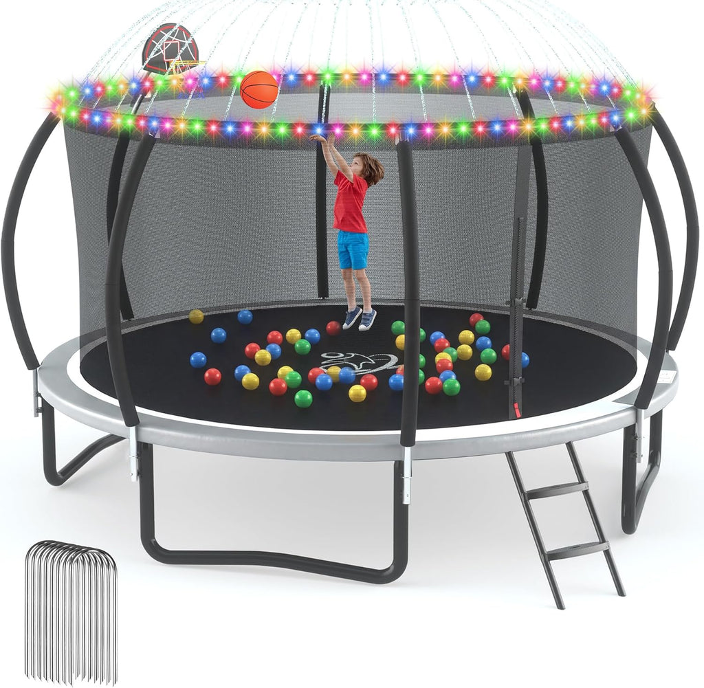 Outdoor Trampoline Recreational Trampolines with Anti-Rust Coating, Enclosure Net, Light+Sprinkler, Ladder, Wind