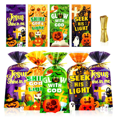 100pcs Christian Halloween Pumpkin Cellophane Bags, Halloween Goodie Bags with Twist Ties for Religious Halloweens