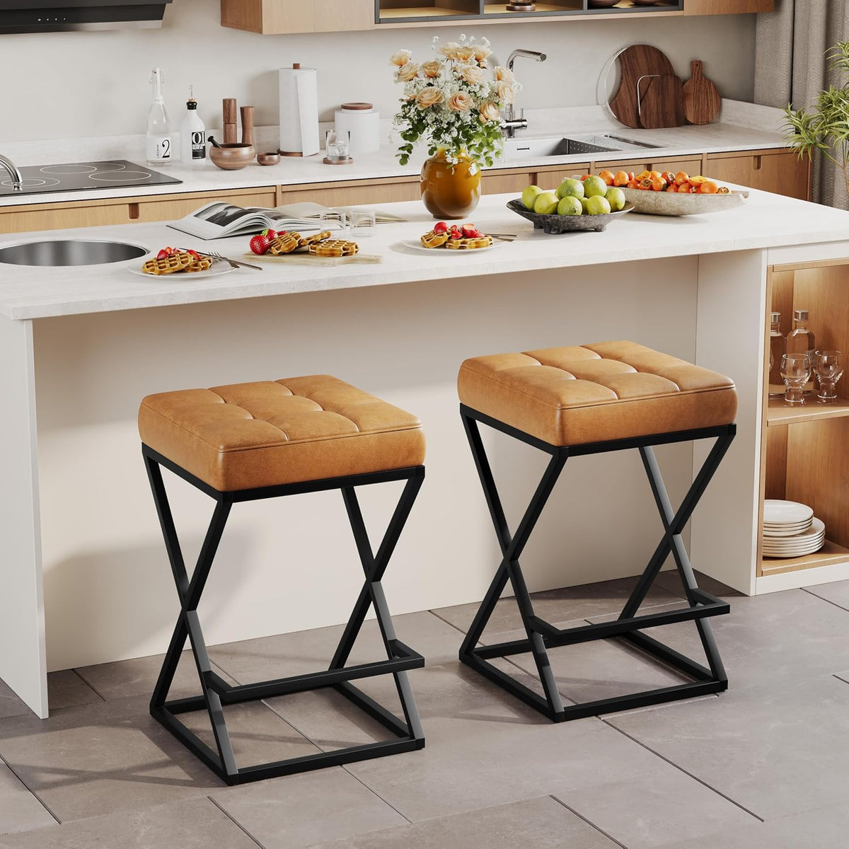 Backless Bar Stools Set of 2, 26 Inch Counter Barstools, PU Brown