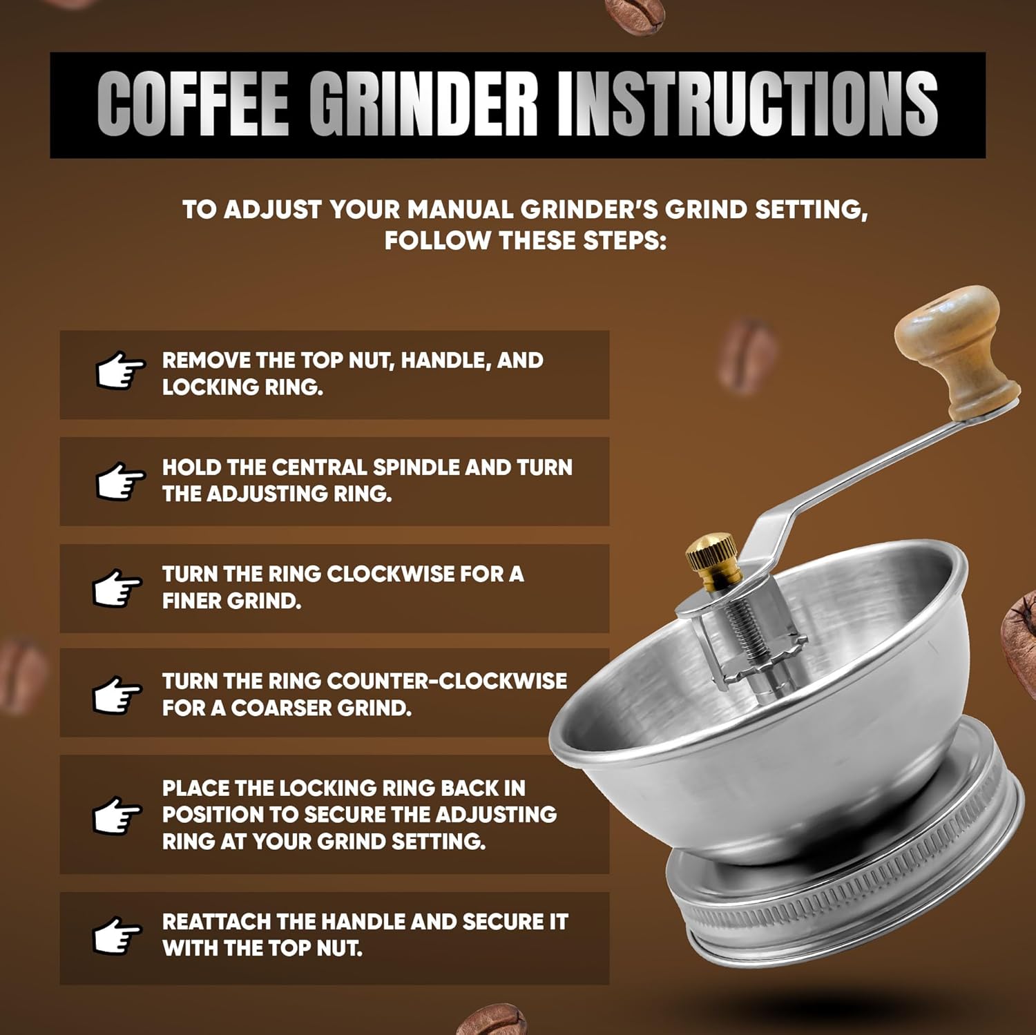 Stainless Steel Coffee Grinder Lid Attachment for Regular Mouth Mason Jars - Manual Crank Burr Grinder for Fresh