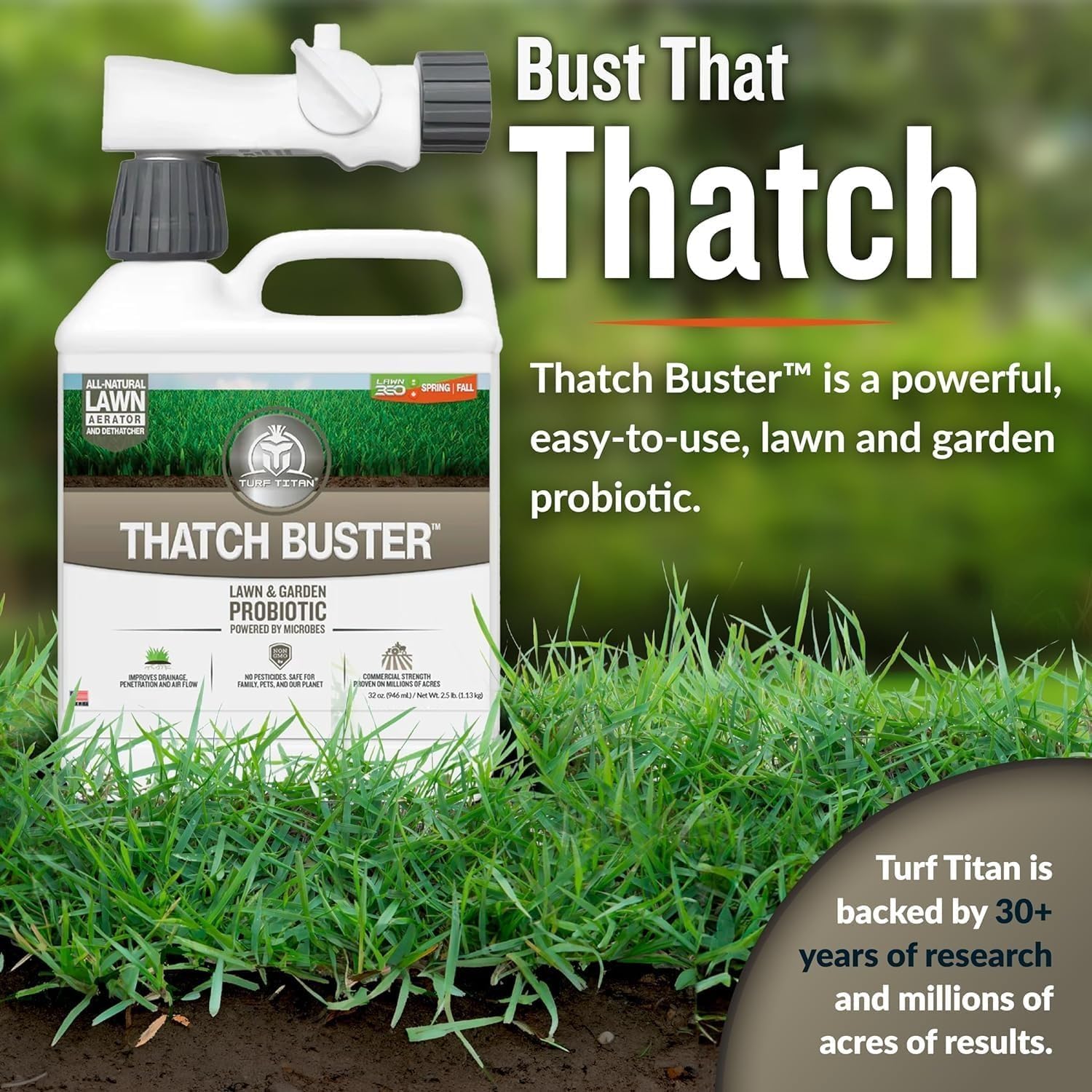 Thatch Buster Liquid Lawn Aerator and Dethatcher (32 oz) with Hose End Sprayer – Liquid Soil Loosener for Compacted &