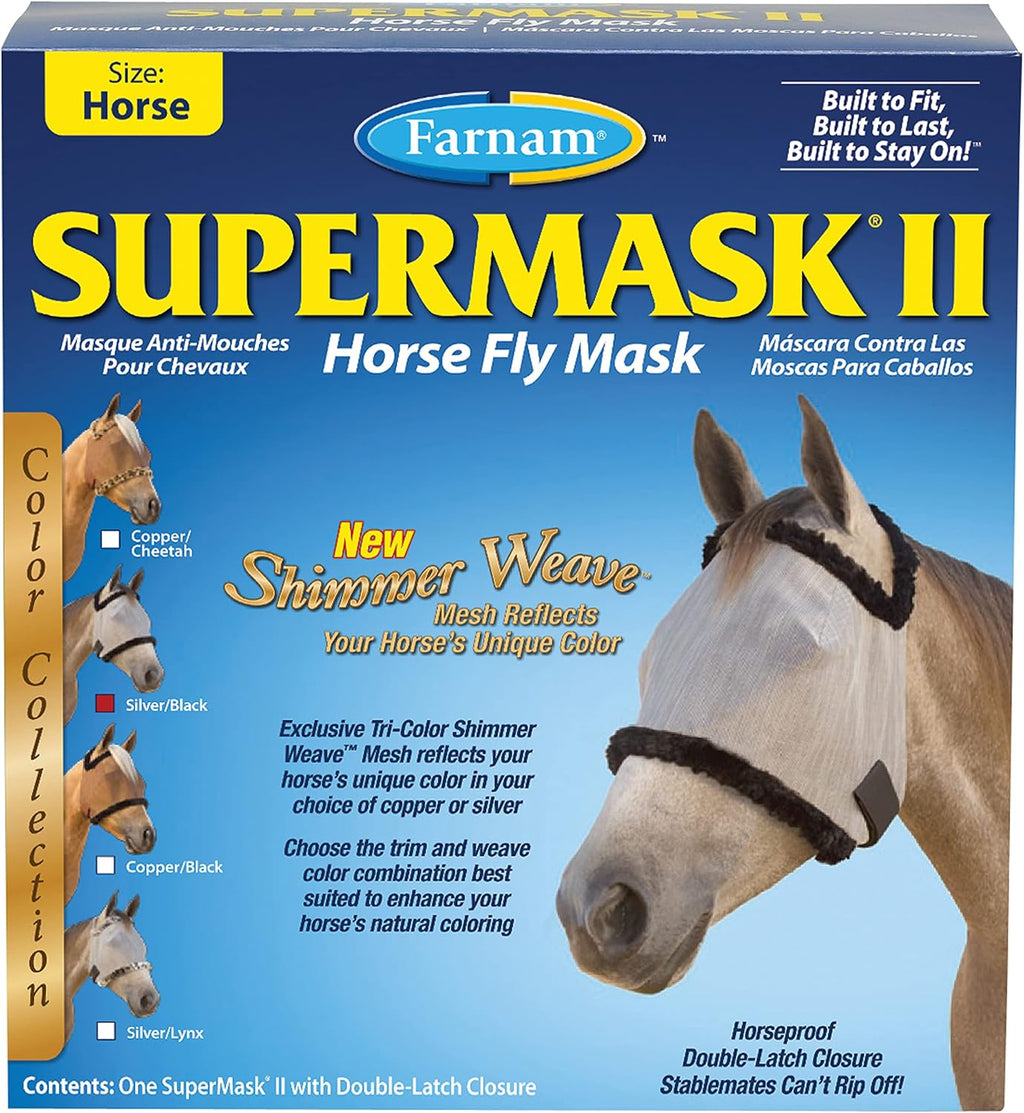 SuperMask II Shimmer Weave Mesh Horse Fly Mask Without Ears, Eye Protection from Insect Pests, Soft Silver Mesh with