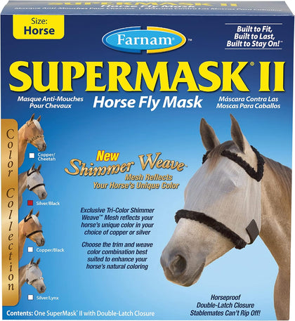 SuperMask II Shimmer Weave Mesh Horse Fly Mask Without Ears, Eye Protection from Insect Pests, Soft Silver Mesh with