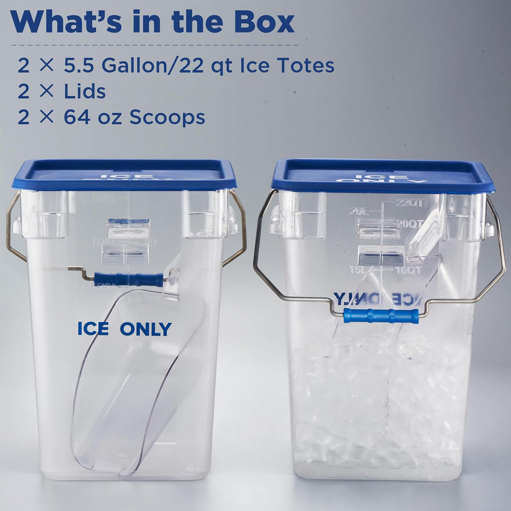 2 Pack 5.5 Gal Square Ice Tote Set with Lids and 64 oz Scoops