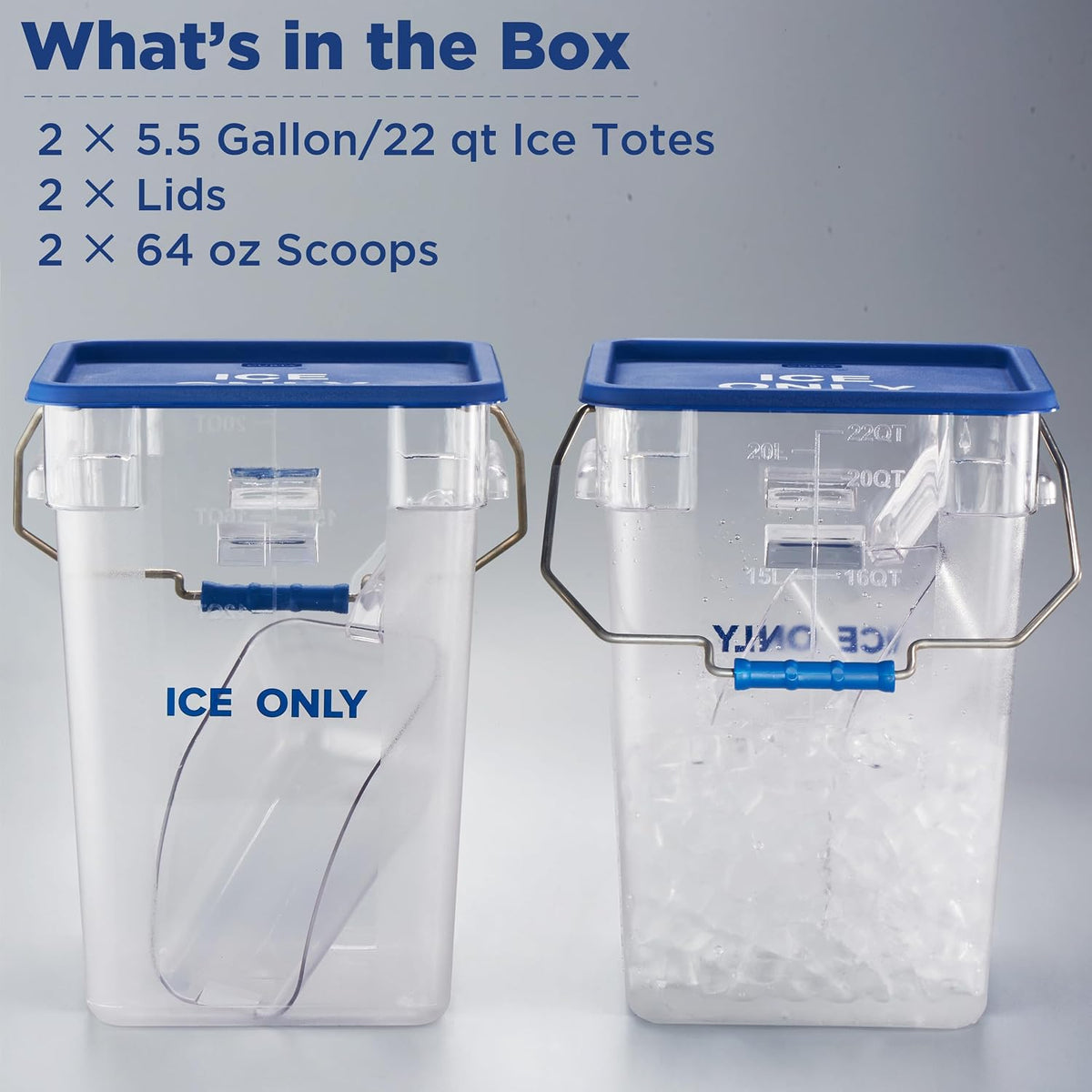 2 Pack 5.5 Gal Square Ice Tote Set with Lids and 64 oz Scoops