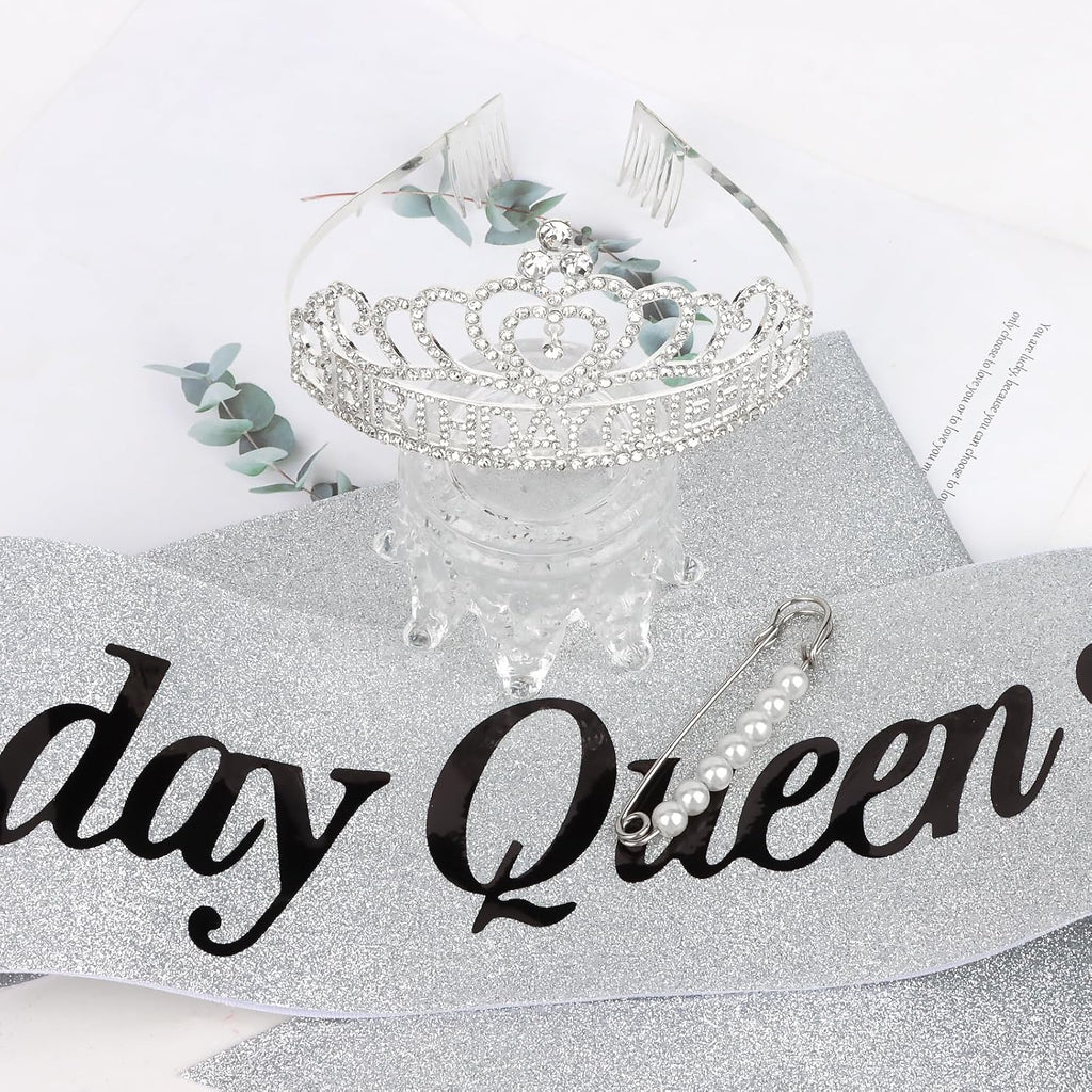Silver Birthday Queen Sash and Crown for Girls Adult Woman Crystal Birthday Tiaras for Girls Princess Crowns