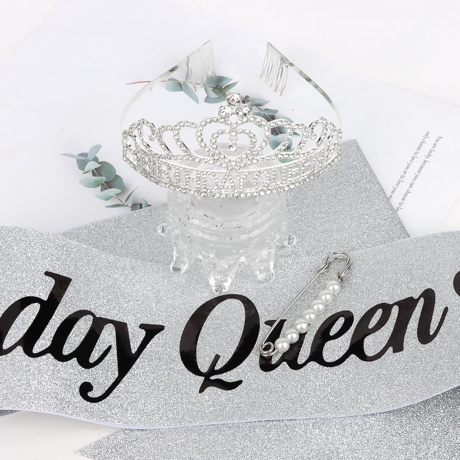 Silver Birthday Queen Sash and Crown for Girls Adult Woman Crystal Birthday Tiaras for Girls Princess Crowns