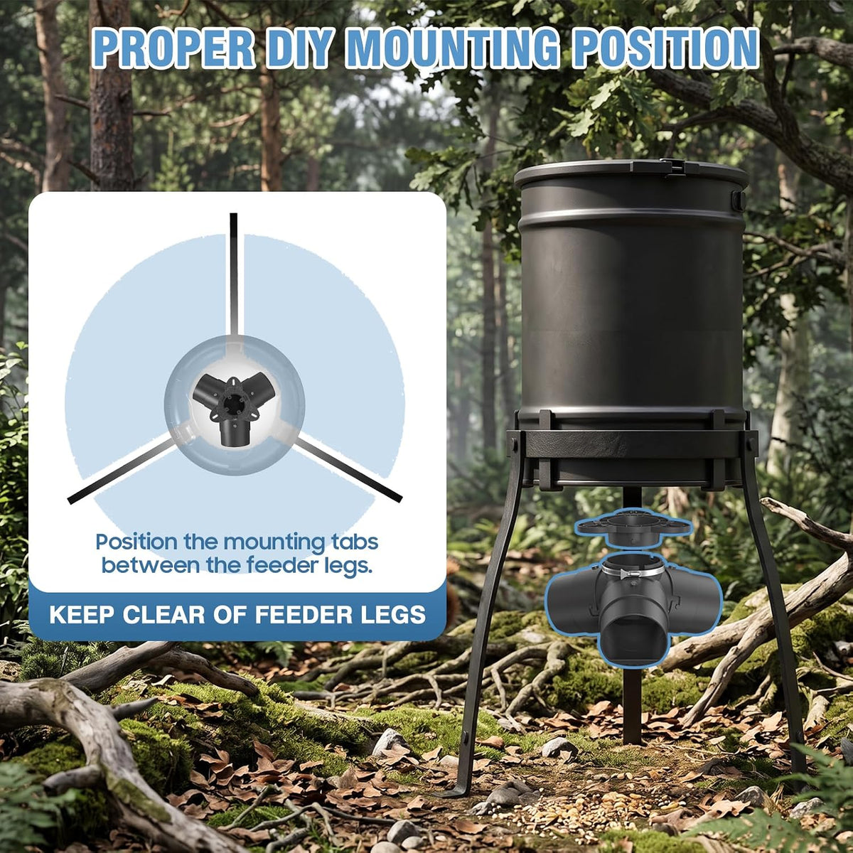 Gravity Deer Feeder Kit, Easy 2-Way Installation, Rotating Installation or DIY Bucket Setup