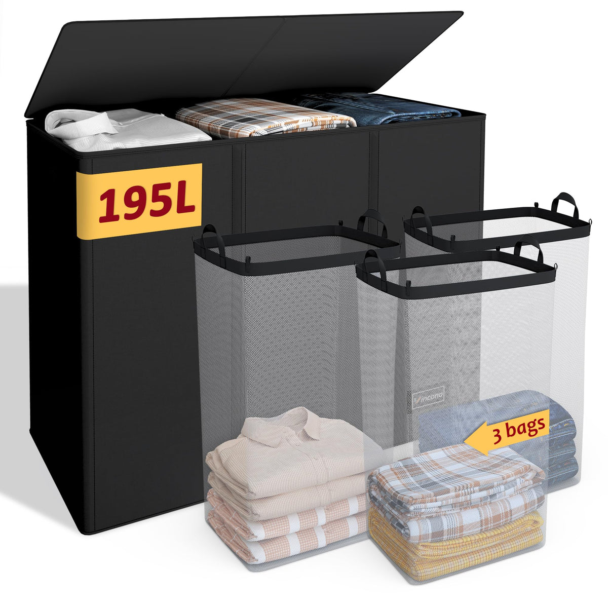 195L Laundry Hamper 3 Section,Large Laundry Hamper with Lid,Dirty Clothes Hamper with 3 Inner Bags,Collapsible