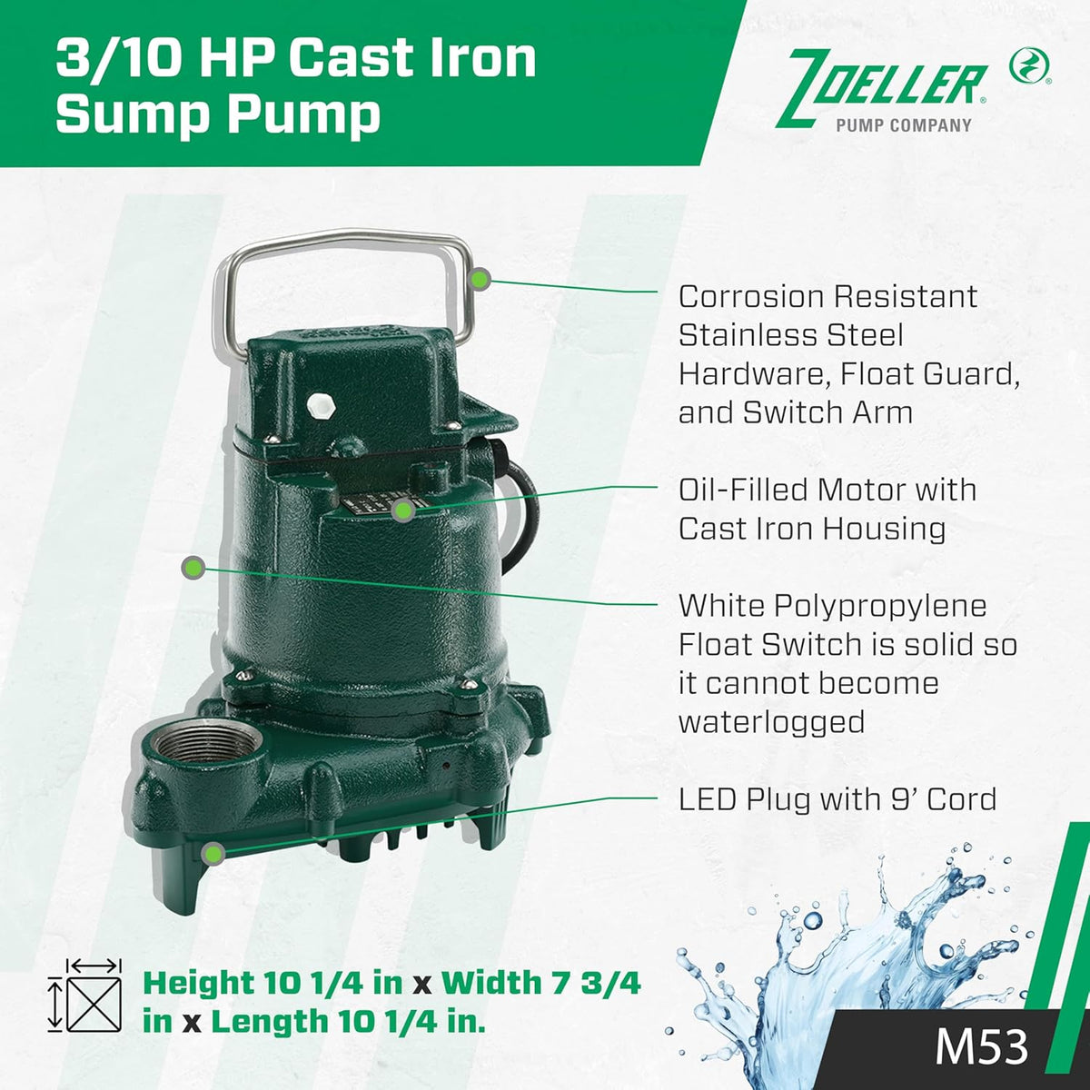 Zoeller - Mighty Mate M53 Sump Pump - 3/10 HP - Cast Iron -115V